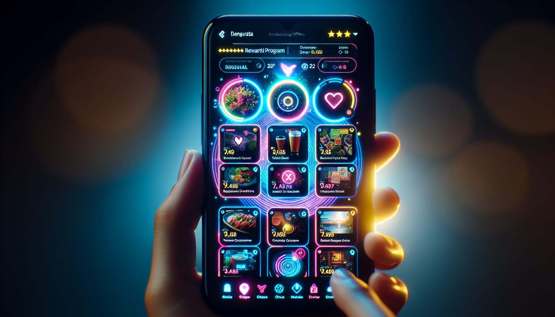 A close-up of a hand holding a smartphone displaying a vibrant, neon-themed interface with various game icons, energy levels, and progress bars against a blurred background showcases an innovative loyalty rewards strategy.