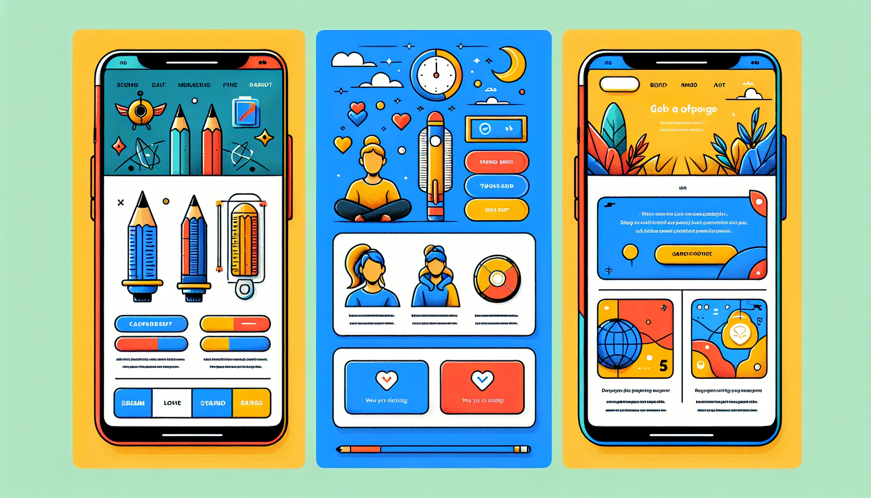 Three colorful mobile app interface screens display educational content, activities, and user profiles. The designs include vibrant icons, buttons, and illustrations of pencils, clocks, and people to support effective loyalty schemes.