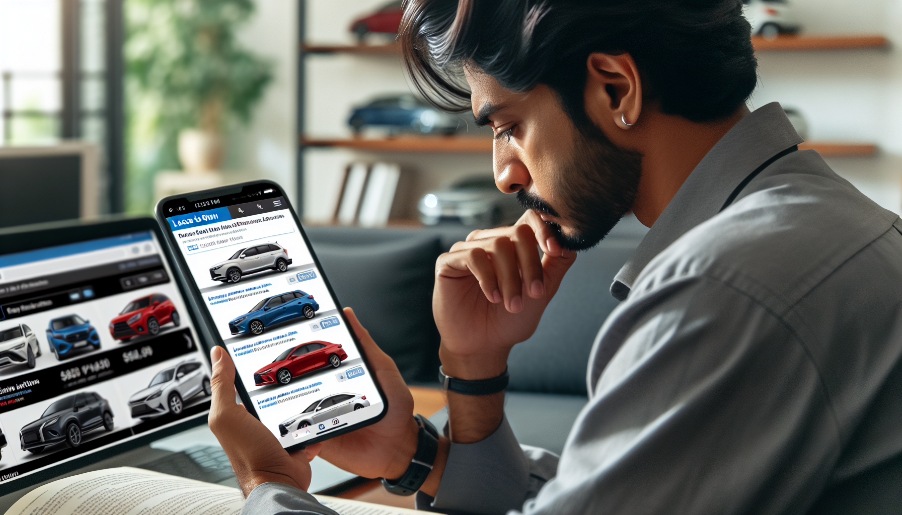 A person browsing car listings on a smartphone and a laptop, focusing on various models and prices in an online marketplace, while considering credit-friendly car leasing options.