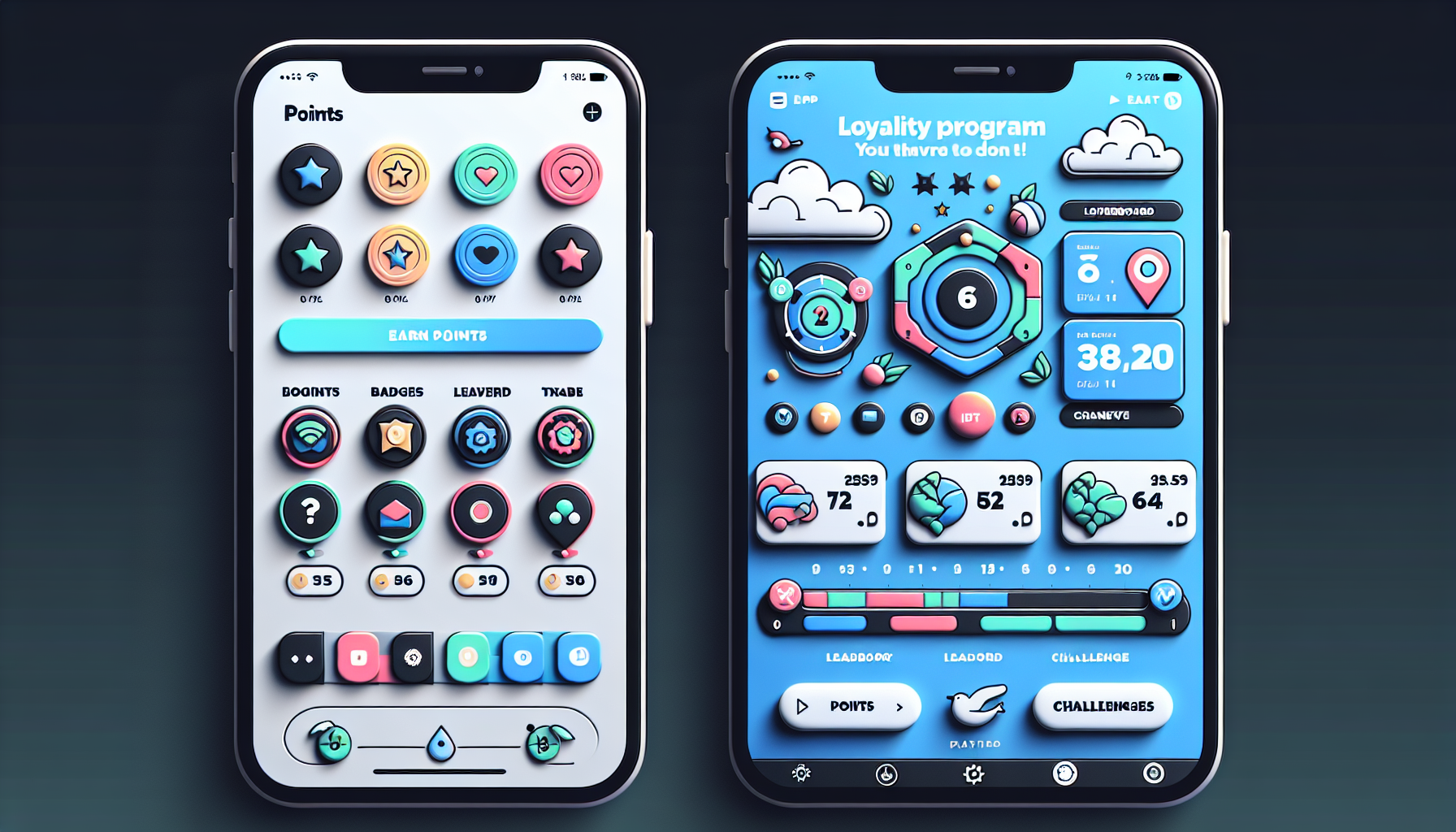 Two smartphones display apps with a loyalty program interface, highlighting customer engagement through points, progress charts, badges, and various colorful icons against a dark gradient background.