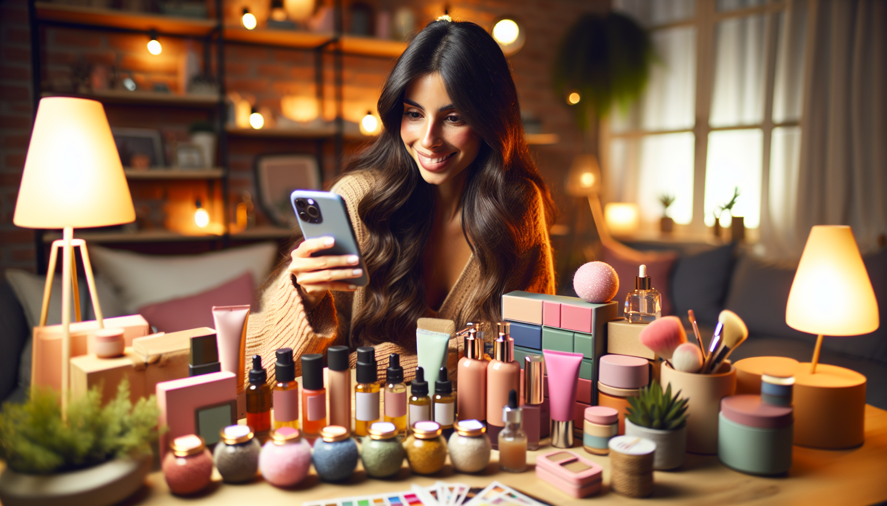 A woman sits at a table filled with various cosmetics and beauty products, looking at her phone and smiling. The background has a cozy ambiance with warm lighting and well-decorated shelves, possibly hinting at successful customer engagement tactics.