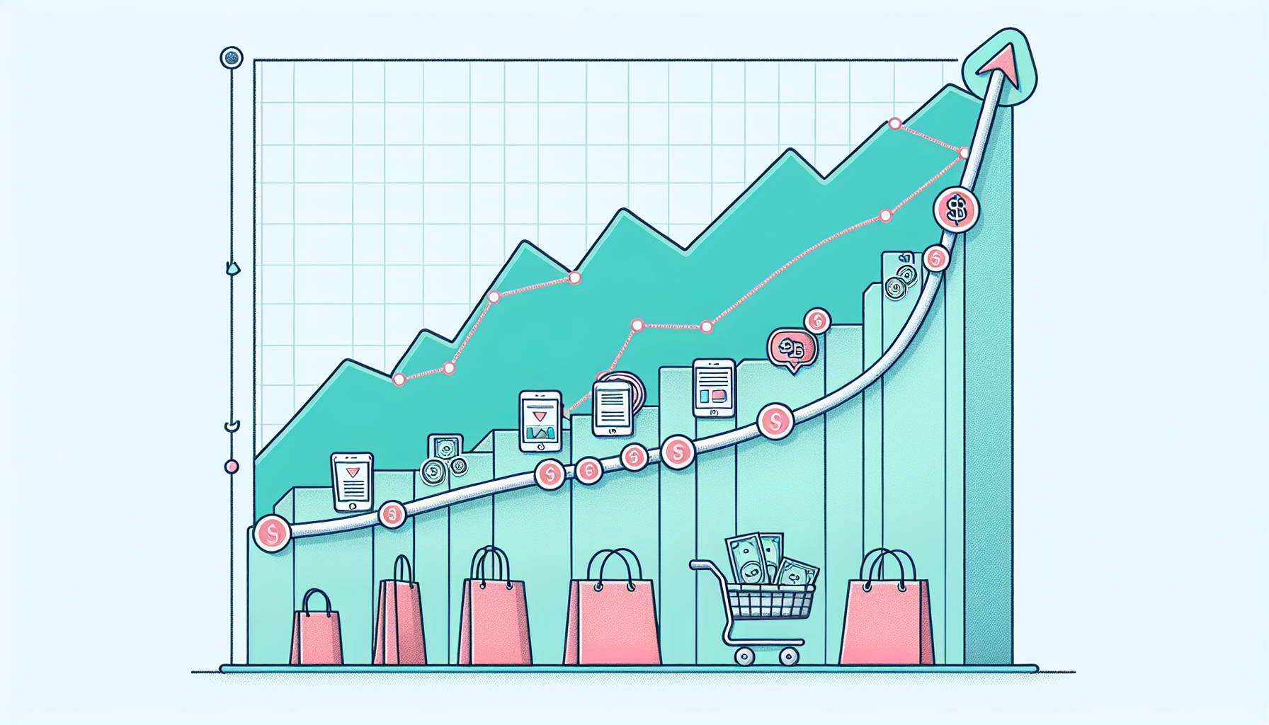 A graph illustrates a steep upward trend with icons representing various business metrics, shopping bags, a shopping cart, and currency, suggesting financial and retail growth heightened by strong brand loyalty.