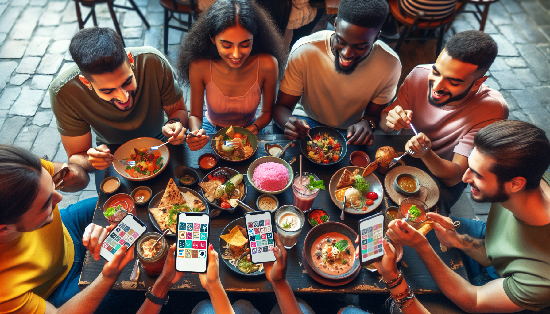 A group of people enjoying a meal at a restaurant, with several holding smartphones displaying colorful dining rewards apps. The table is filled with various dishes, drinks, and condiments.