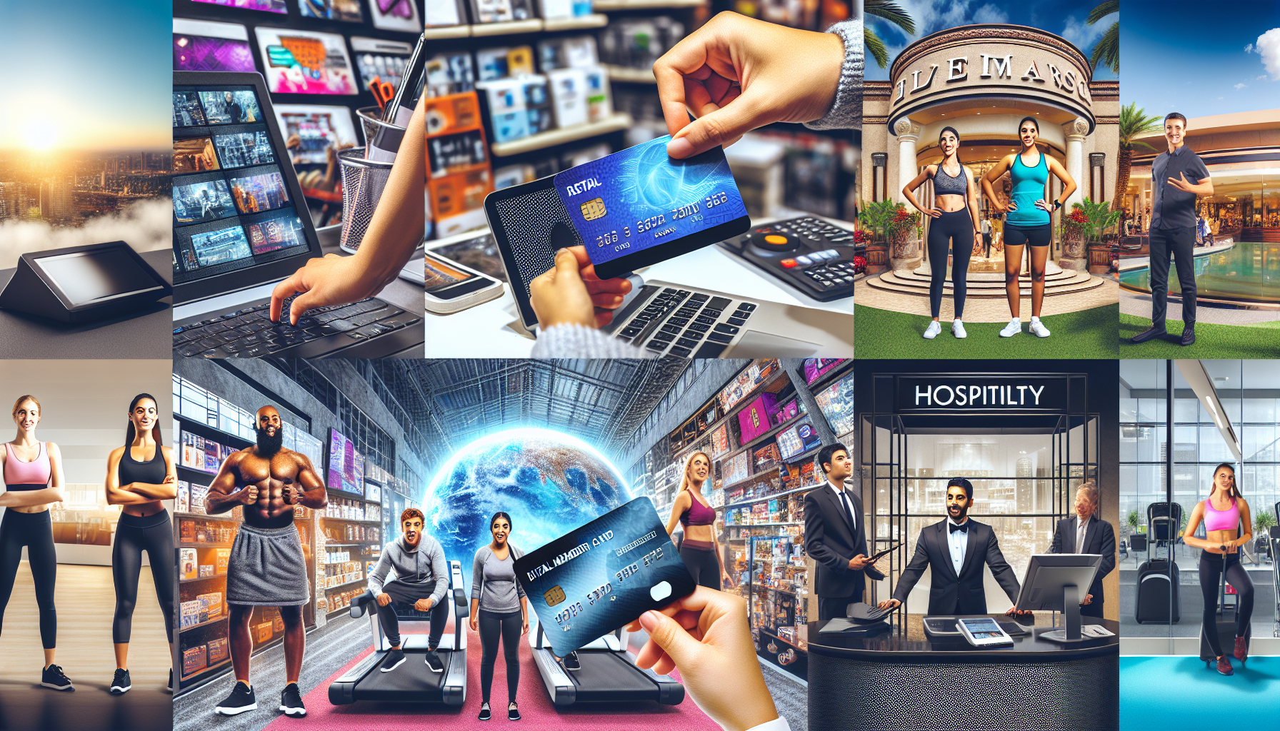 Collage featuring scenes of online shopping, gym workouts, credit card use, retail store entry via contactless access, hospitality services, and e-commerce transactions. Various individuals are engaged in these activities.