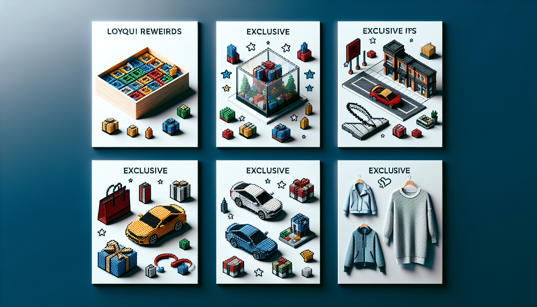 Promotional images showcasing various exclusive membership benefits and items, including clothing, cars, gift boxes, and a shopping complex, all illustrated with a pixelated, blocky design style.