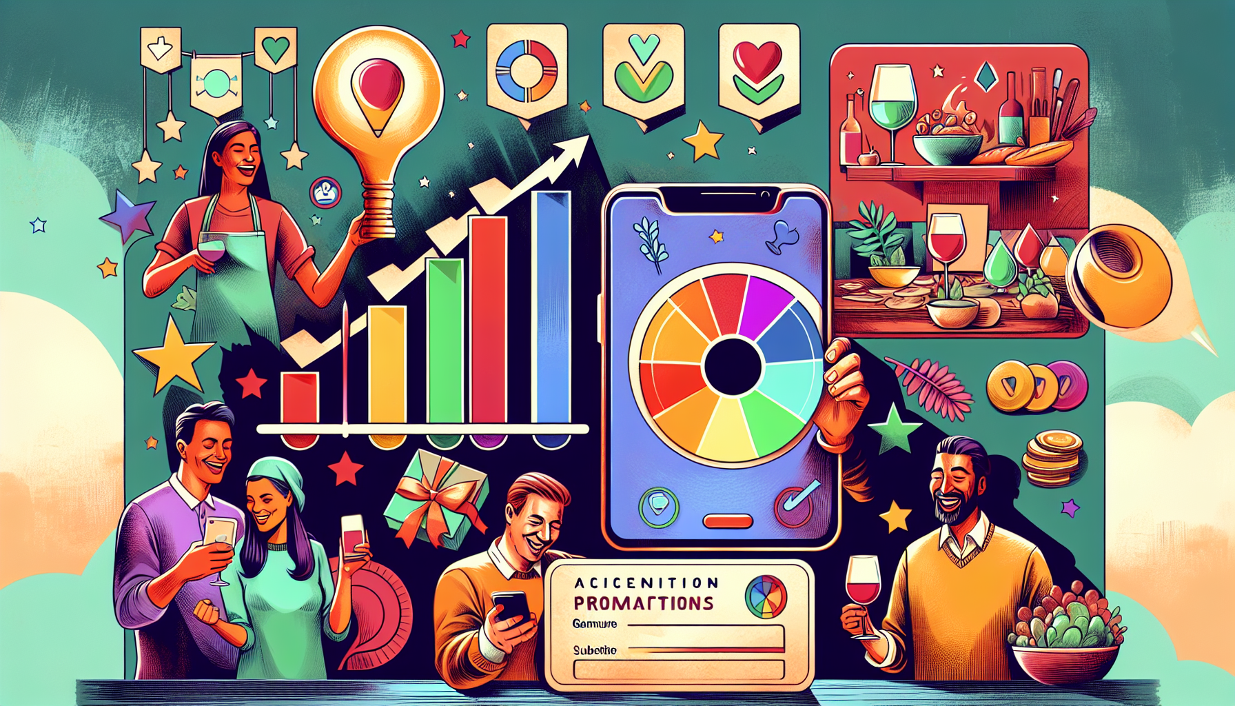 Colorful illustration featuring a large smartphone with a pie chart, surrounded by people enjoying food and drinks, bar graphs, checkmarks, and gift icons. Text reads "Acicentiton Promotions Gamma Subtitle." Highlighting a Personalized Customer Experience in our Restaurant Rewards Program.