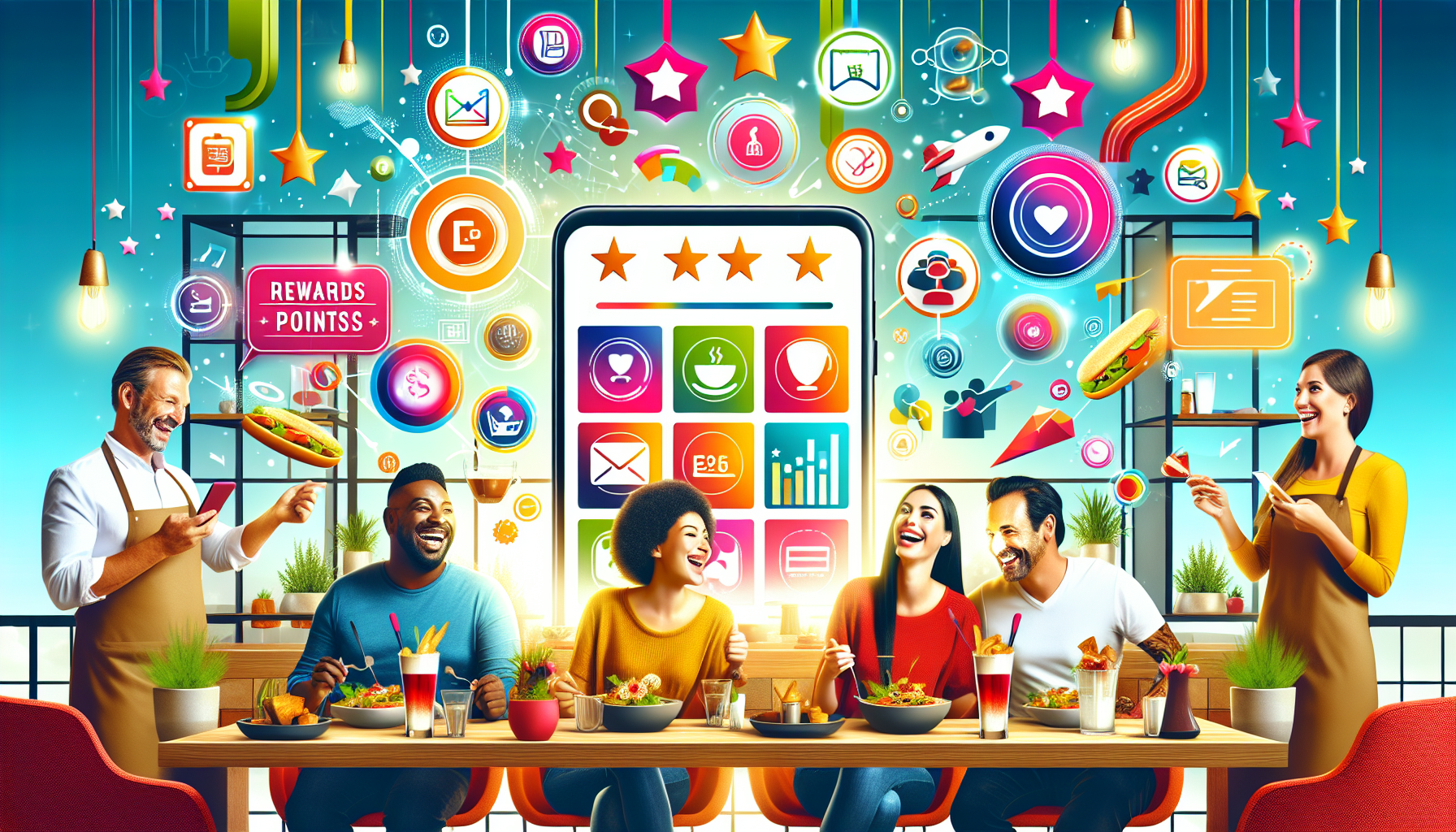 People dine at a table, enjoying meals, while surrounded by vibrant digital icons and a large smartphone screen depicting various apps. Two waiters serve food and drinks, enhancing restaurant customer loyalty through seamless dining customer satisfaction.