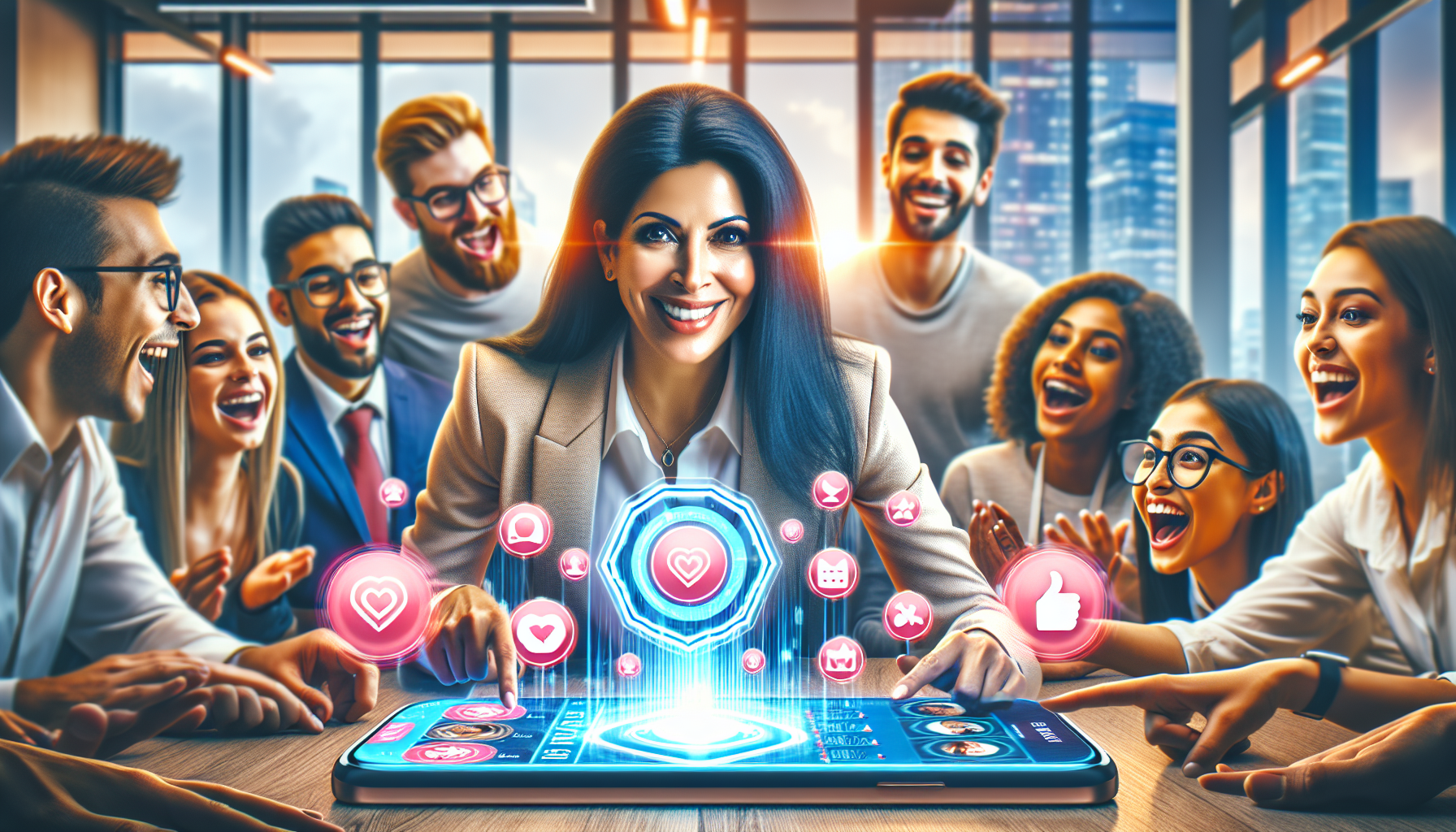 A diverse group of people smiles and gathers around a large tablet displaying various social media icons and a loyalty rewards system. A woman at the center interacts with the device in a modern office setting.