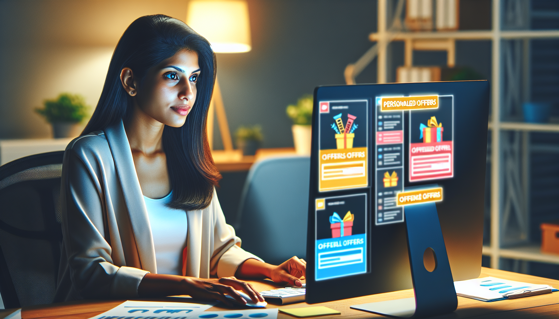 A woman sits at a desk, intently looking at her computer screen displaying various offers from Punch Loyalty. The room is softly lit, with office supplies and a lamp in the background, hinting at her focus on customer retention software for improving the customer rewards program.