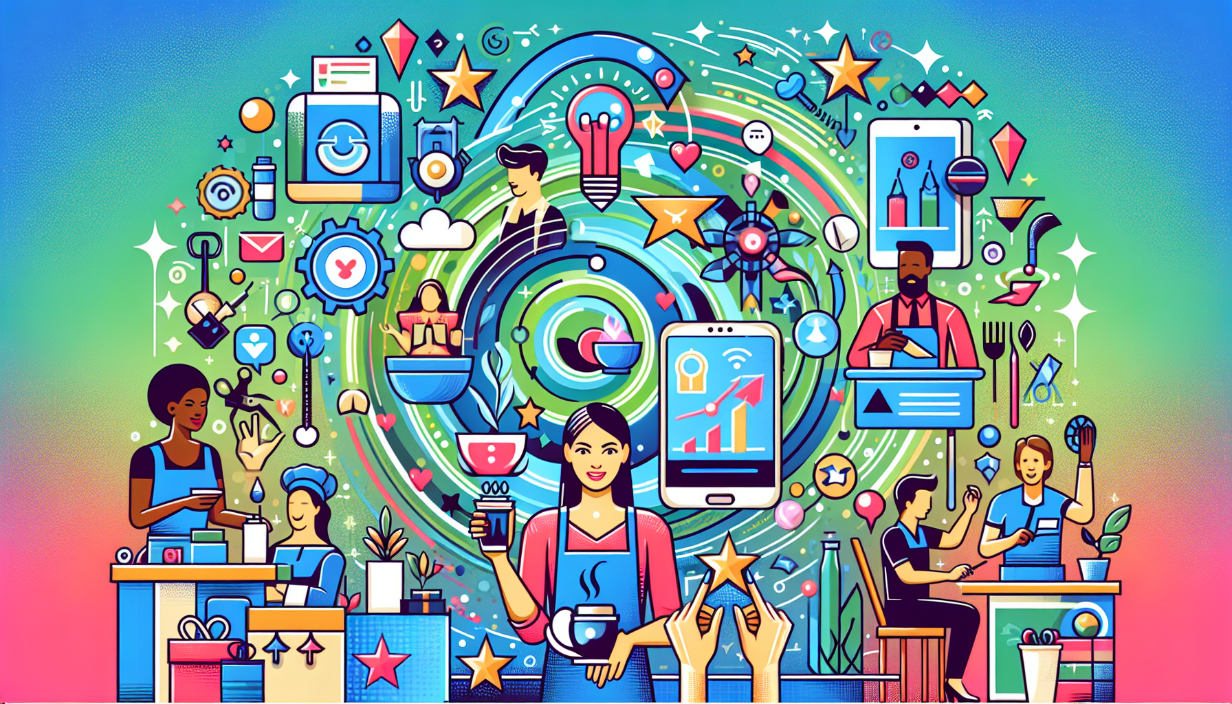 Colorful illustration depicting diverse individuals engaging in various activities surrounding technology, business, and creativity, including work, dining, and collaboration. Icons of apps, graphs, gears, and Loyalty Program Software are visible.