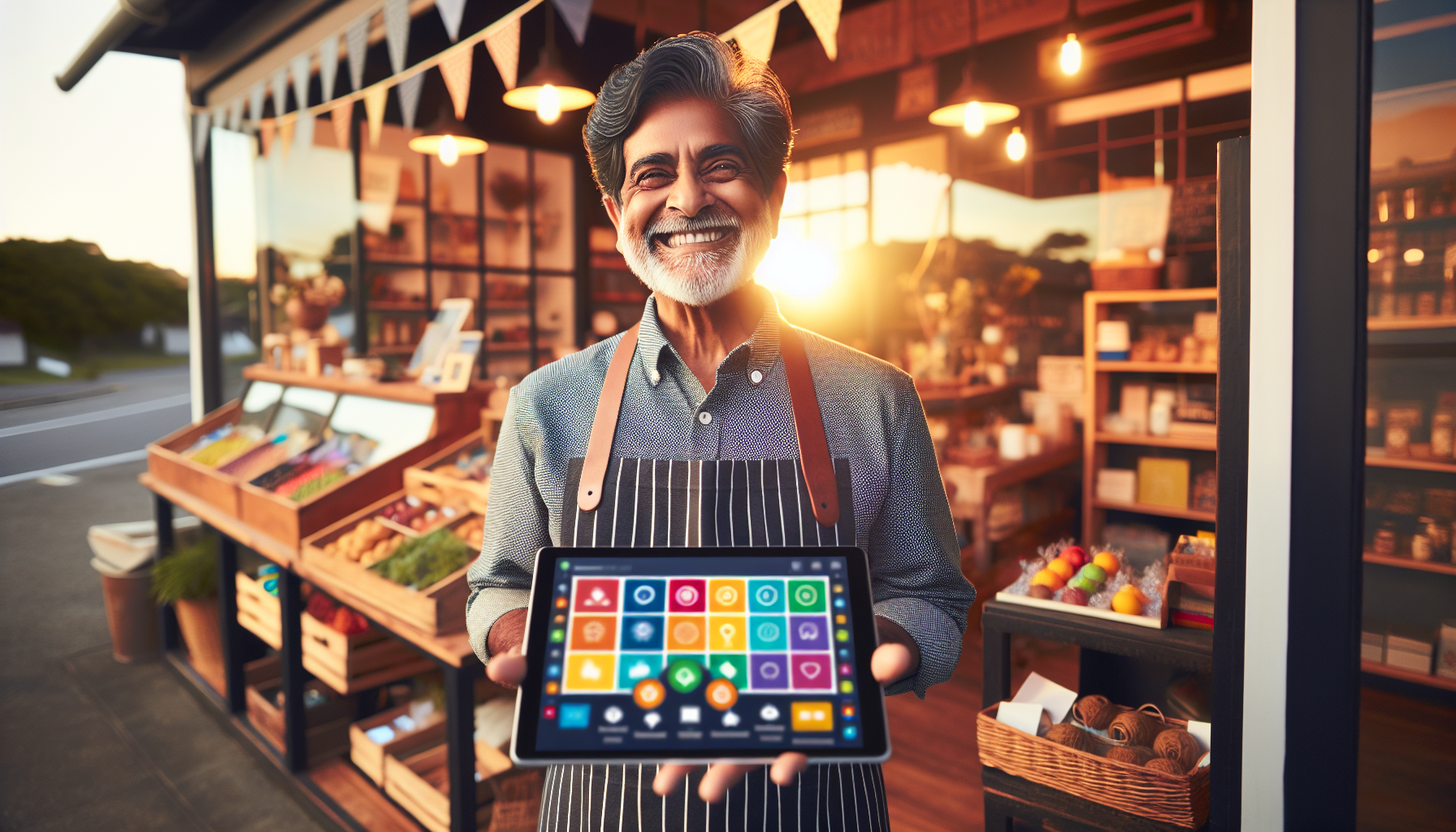 A person wearing an apron stands outside a shop, smiling and holding a tablet displaying colorful app icons. Sunlight shines in the background, illuminating the shop's produce and goods. They're excited to introduce their small business loyalty program, boosting customer engagement with every visit.