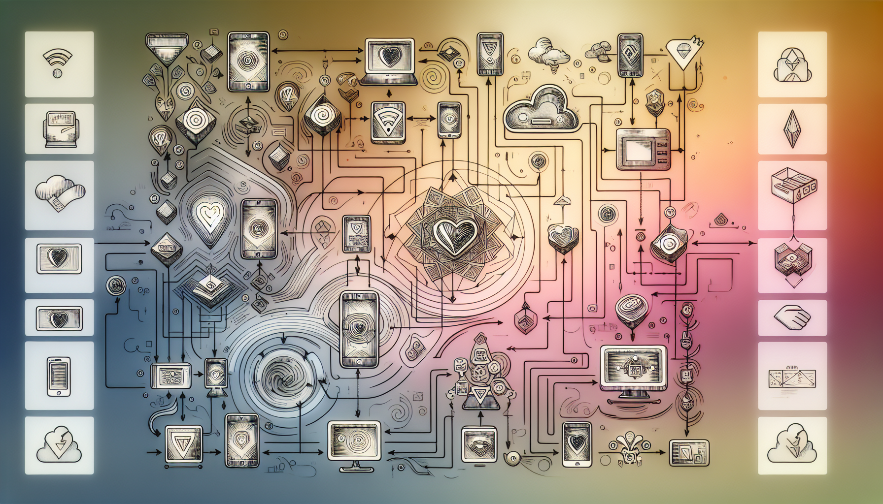 Abstract illustration depicting interconnected technology devices such as smartphones, computers, and servers, all connected through various network symbols over a gradient background, symbolizing seamless Digital Loyalty Solutions.