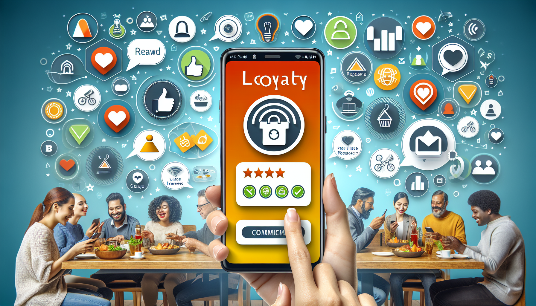 A smartphone displaying a loyalty app is held up in the foreground. In the background, a group of diverse people is dining together while various digital icons float above, highlighting the benefits of restaurant rewards programs.