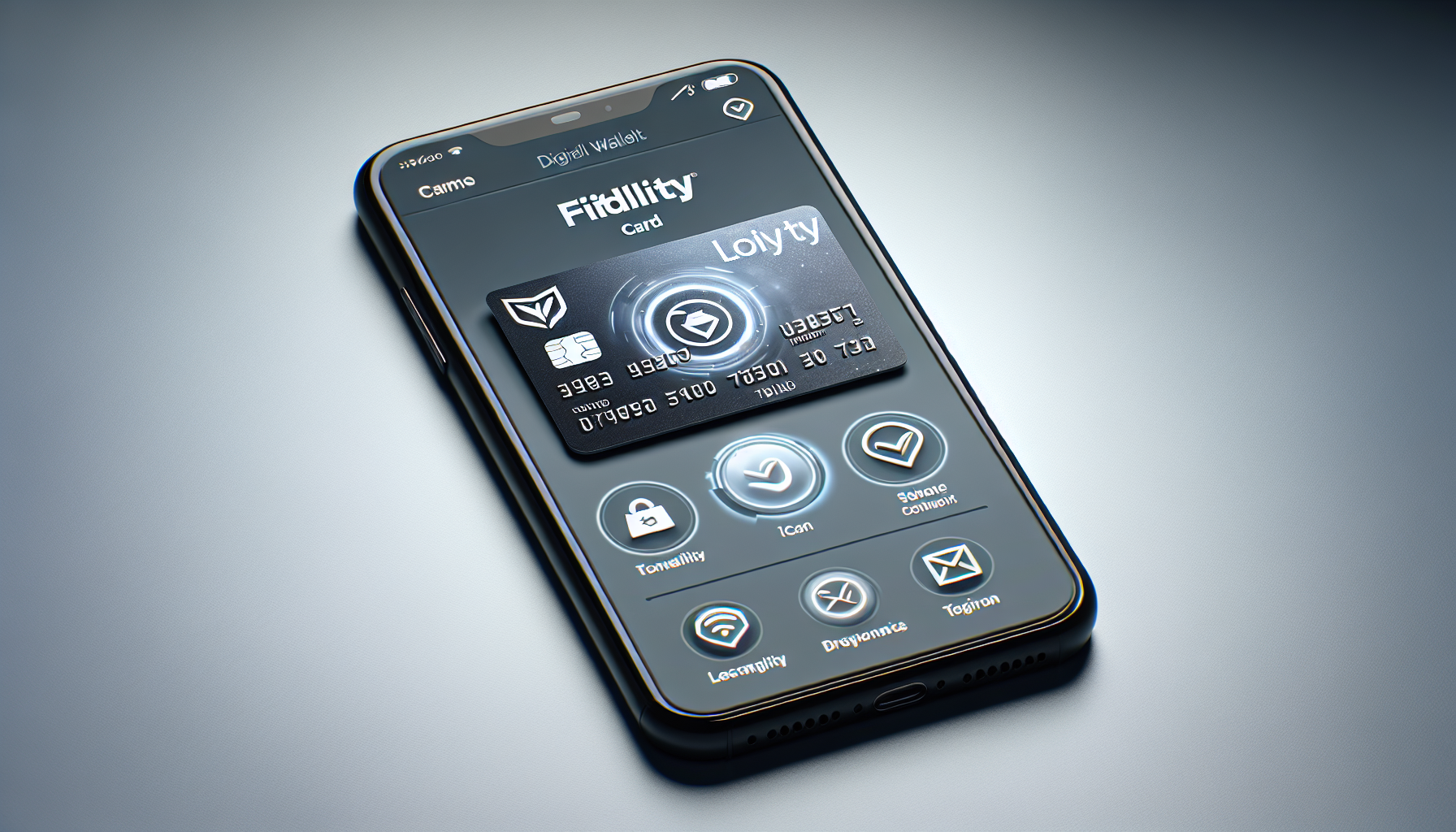 A smartphone screen displays a digital wallet app with a virtual "Fittility" card, showing card details along with icons for transactions, account information, settings, and digital stamp cards for customer engagement.