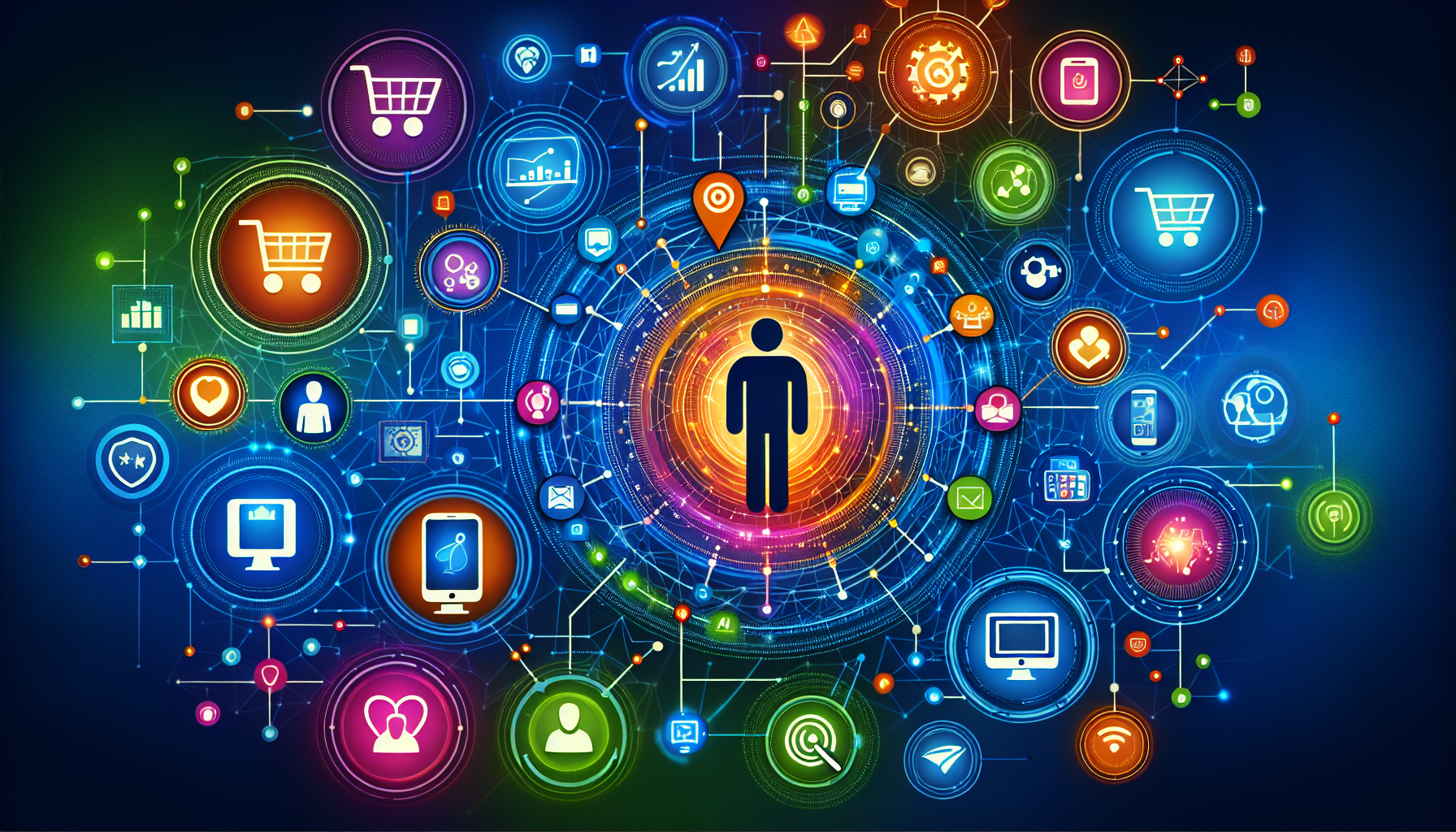 Illustration depicting a person at the center of a digital network, surrounded by interconnected icons representing various technologies and services, including shopping, email, personalized customer incentives, and data analysis.