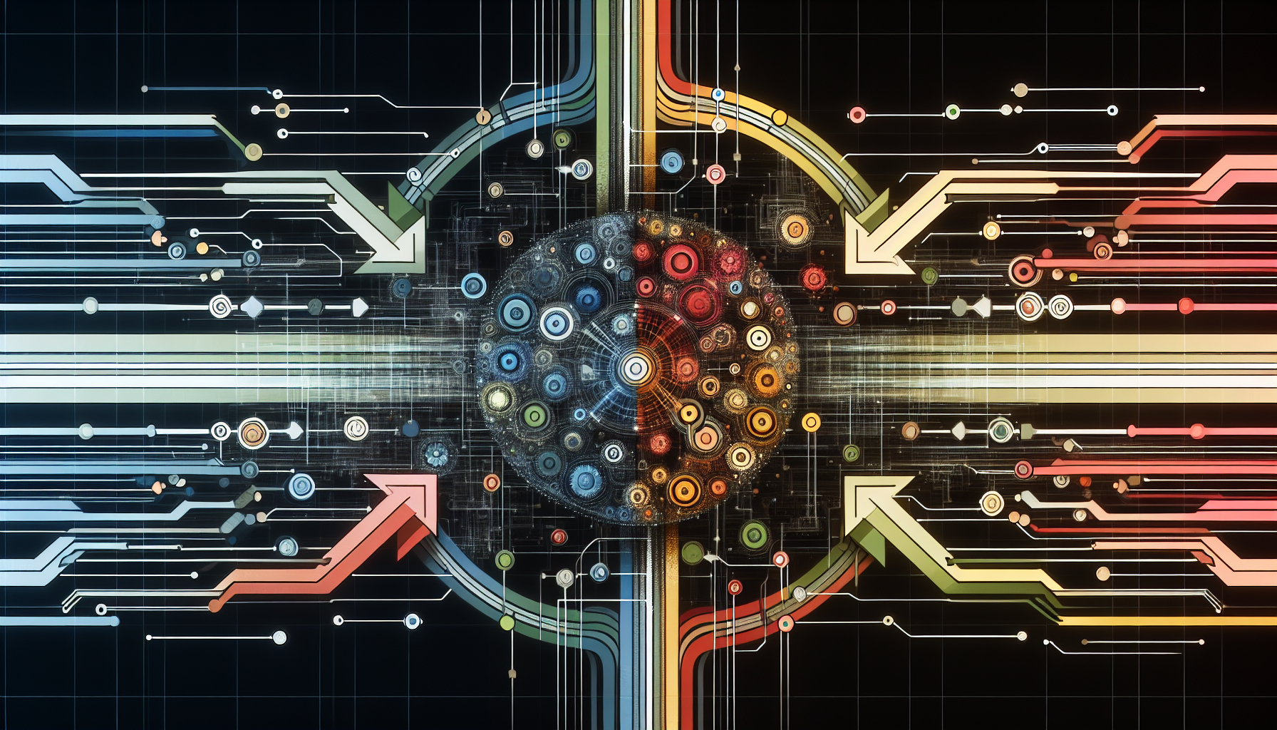 An abstract digital illustration features a central sphere with colorful circuit-like lines, resembling a network of digital engagement on a dark background.