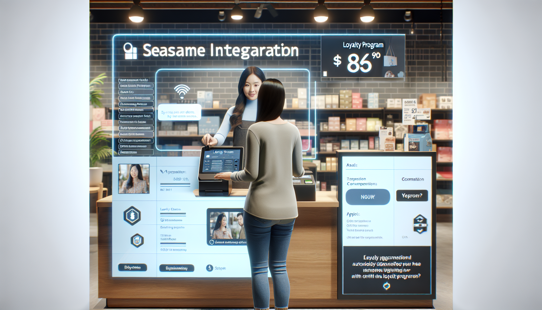 A person interacts with a touchscreen kiosk in a modern retail store. The kiosk displays information about a contactless loyalty rewards program priced at $85.99 and options for various digital integrations.