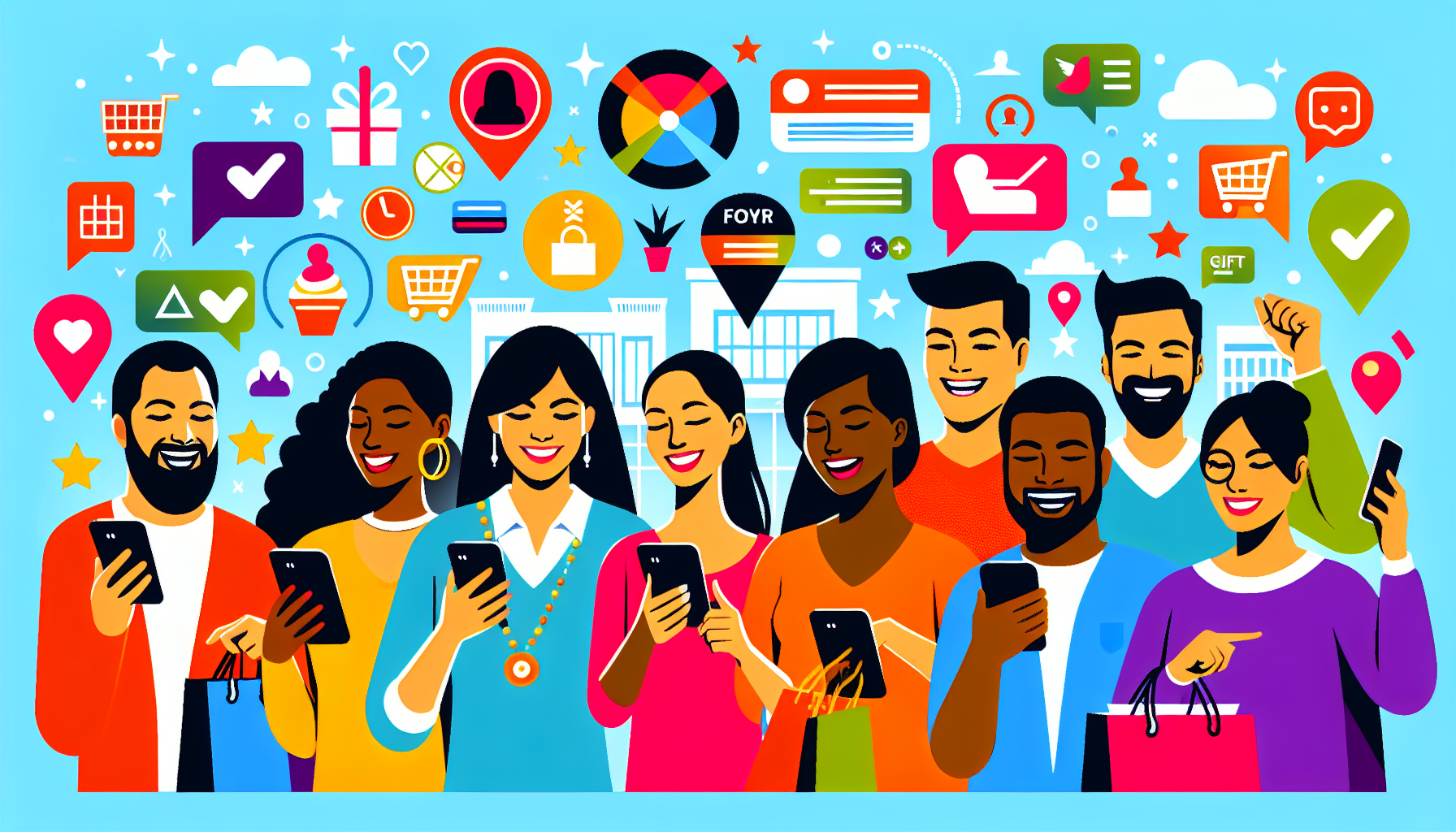 Illustration of diverse people smiling and using smartphones with colorful icons and symbols related to social media, shopping, communication, notifications, and customer rewards software surrounding them.