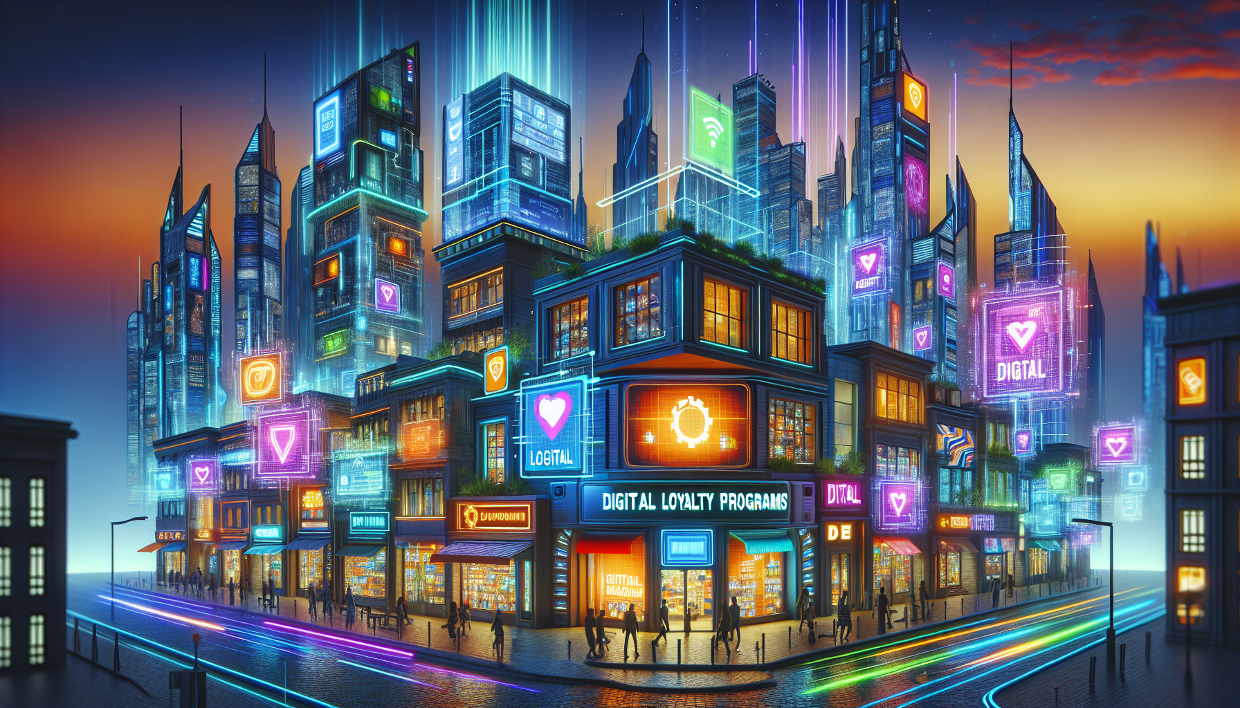 A futuristic cityscape with neon-lit skyscrapers displays digital advertisements and signs, seamlessly incorporating CRM integration for enhanced customer engagement. People walk along the illuminated streets, influenced by cutting-edge technologies around them.