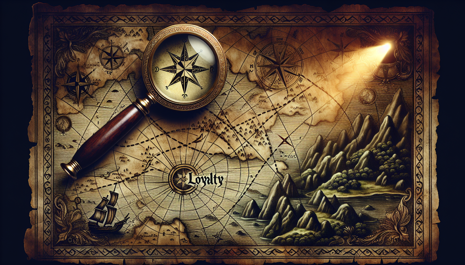 An old map with a magnifying glass positioned over the word "Loyalty," showing detailed drawings of mountains, a ship, and compass roses, with a beam of light illuminating part of the map—as if guiding you on how to measure customer loyalty.