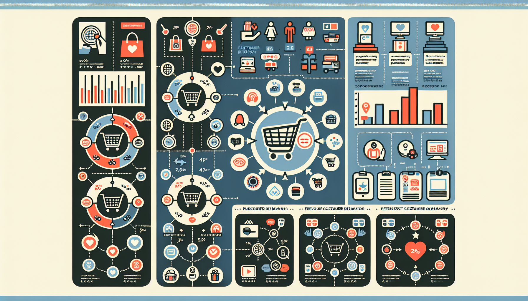 A graphic displaying various data visualizations and statistics about customer shopping behavior, including charts, diagrams, and icons related to online shopping, user demographics, market segmentation, and trends.