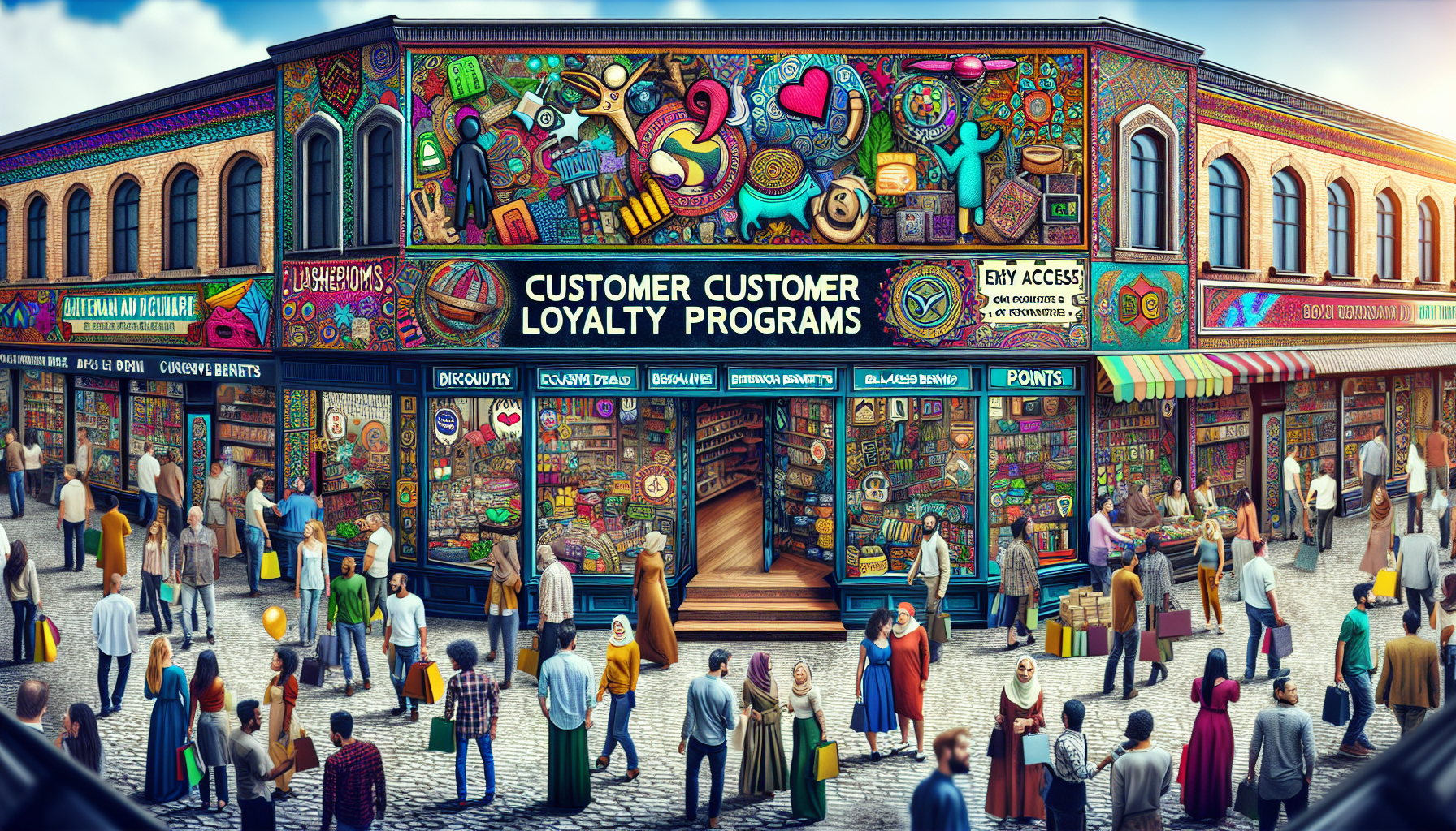 A busy street scene with people in front of a vibrant storefront showcasing "CUSTOMER LOYALTY PROGRAMS." The store, promoting increased CLV, has colorful advertisements and symbols related to rewards and loyalty cards.