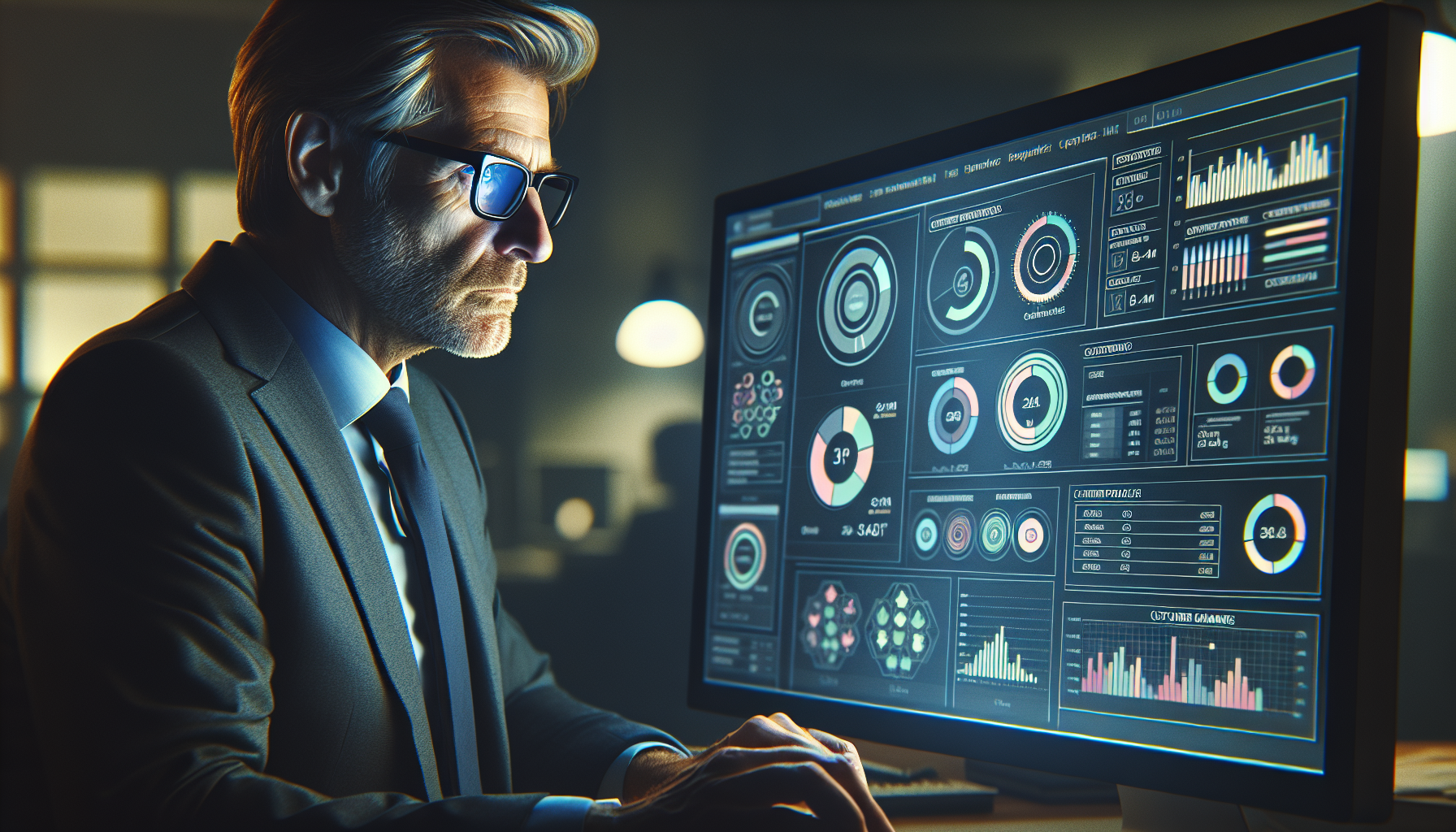 A person in a suit, wearing glasses, examines a computer monitor displaying various colorful charts, graphs, and data visualizations for personalized marketing.