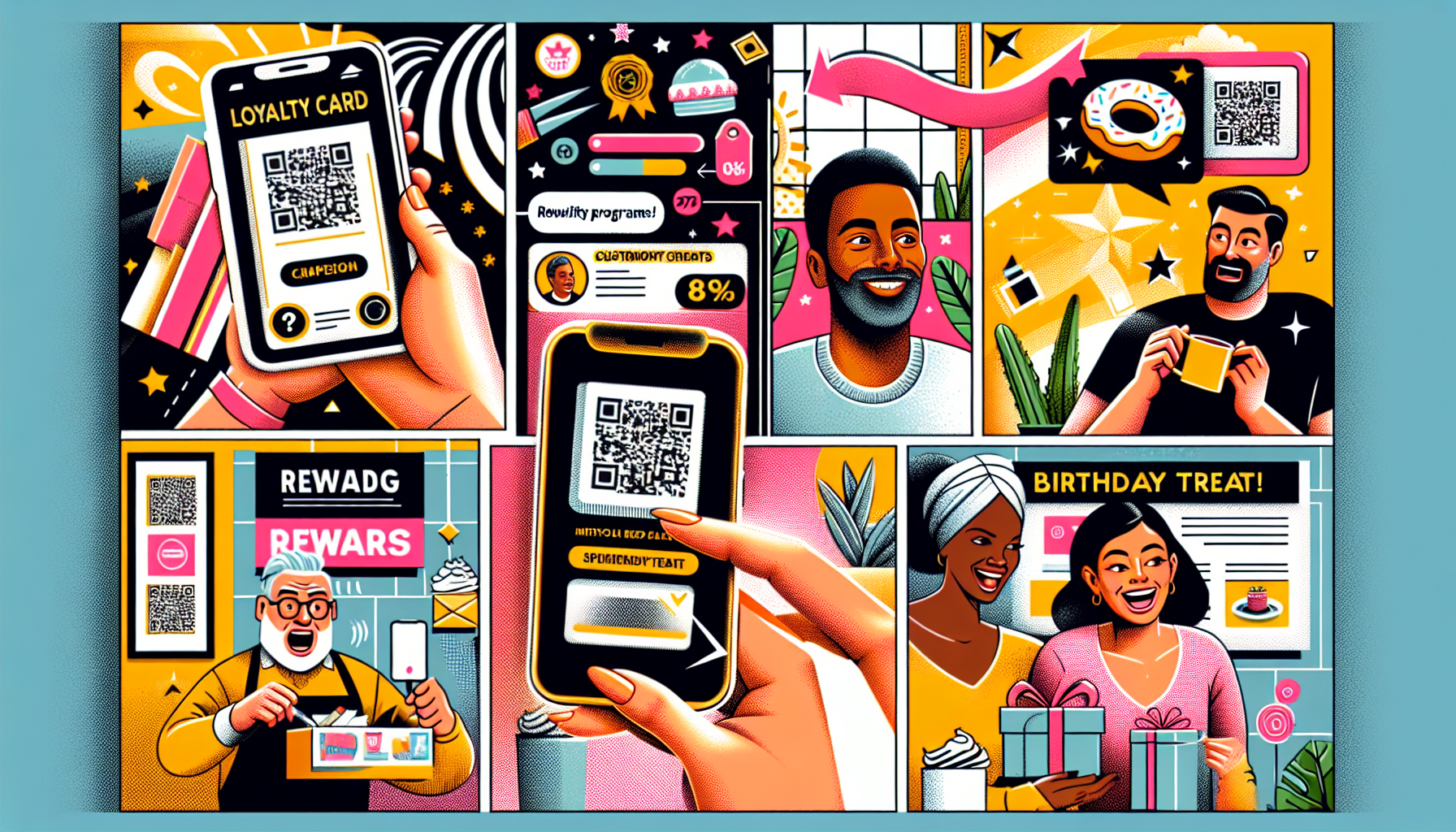 Colorful comic-style illustration depicting various scenes of people using QR codes and tiered loyalty programs on their phones for rewards, discounts, and birthday treats.