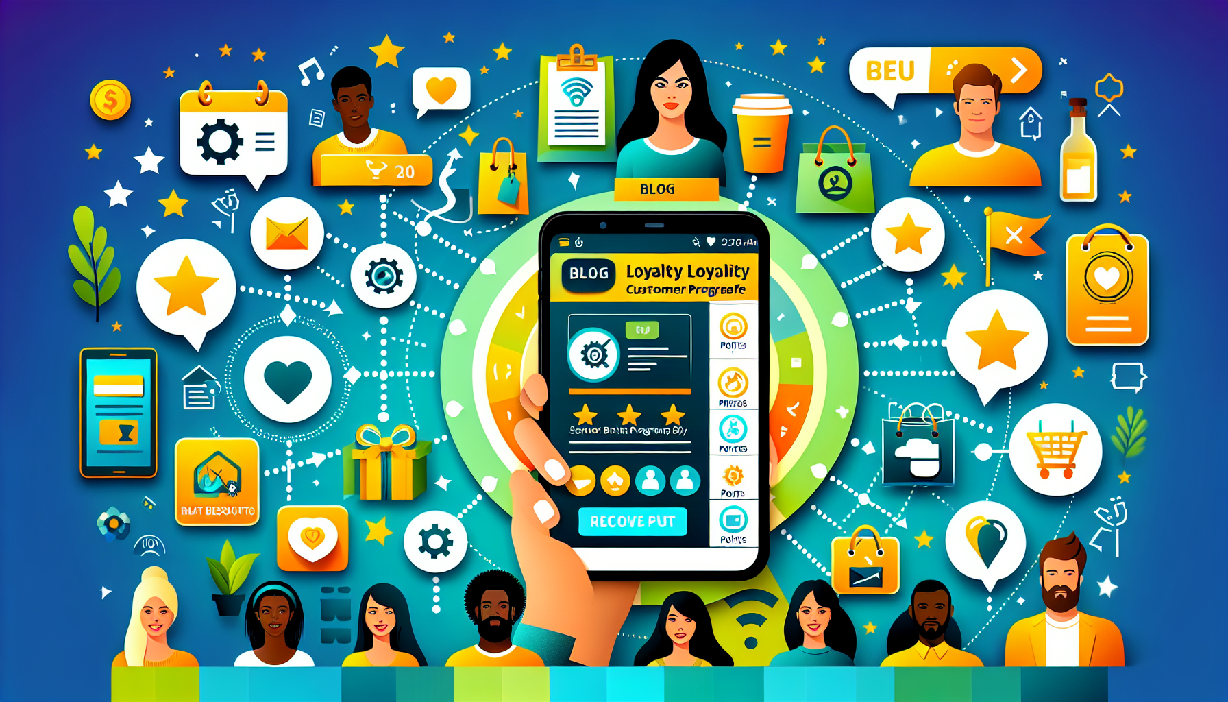 Illustration of a hand holding a smartphone displaying a loyalty program app interface. The background features various icons and graphics related to social media, shopping, rewards management system, and communication.