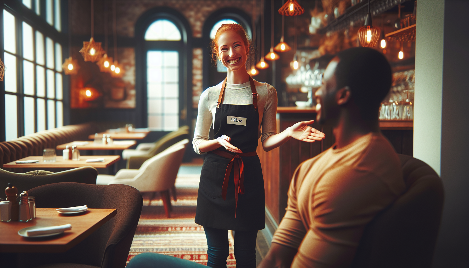 A smiling server takes an order from a seated customer in a cozy, well-lit restaurant with warm lighting and modern decor. The establishment recently introduced a customer loyalty program, adding an extra layer of satisfaction to the dining experience.