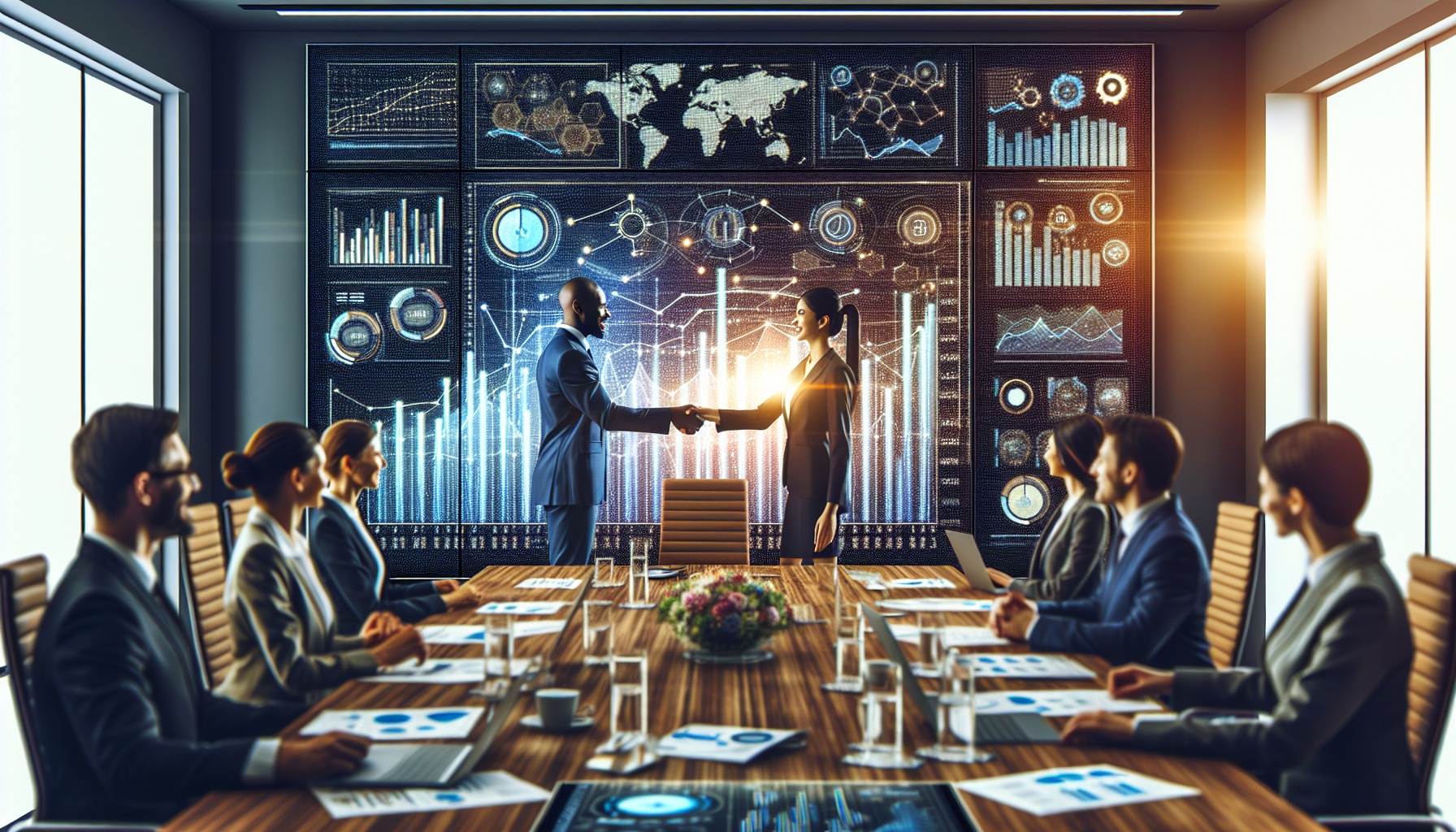 In a vibrant business meeting with diverse employees, two people shake hands in front of a large screen displaying charts and graphs, illustrating Corporate Incentives and b2b rewards programs.