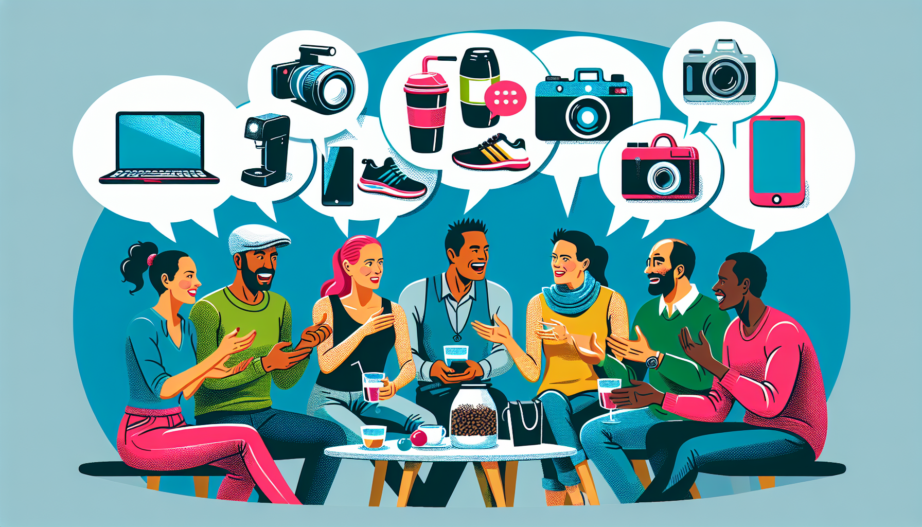 A group of people sitting in a circle, chatting and holding electronic devices, with various digital gadgets and accessories illustrated above their heads in speech bubbles, reflecting client preferences.