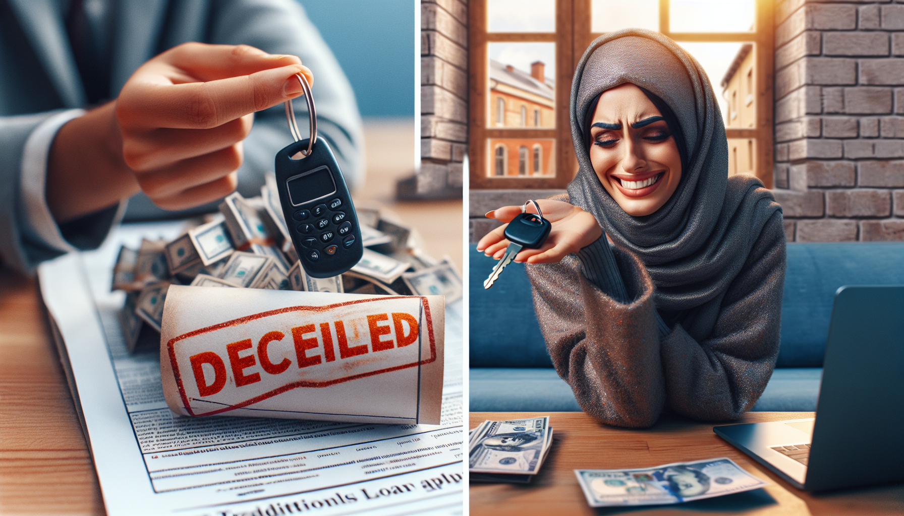 The image shows a person holding a car key above documents stamped "DECEIVED" and cash, while another person smiles with car keys near money, illustrating potential financial deceit or pitfalls in car finance alternatives like auto lease purchases.