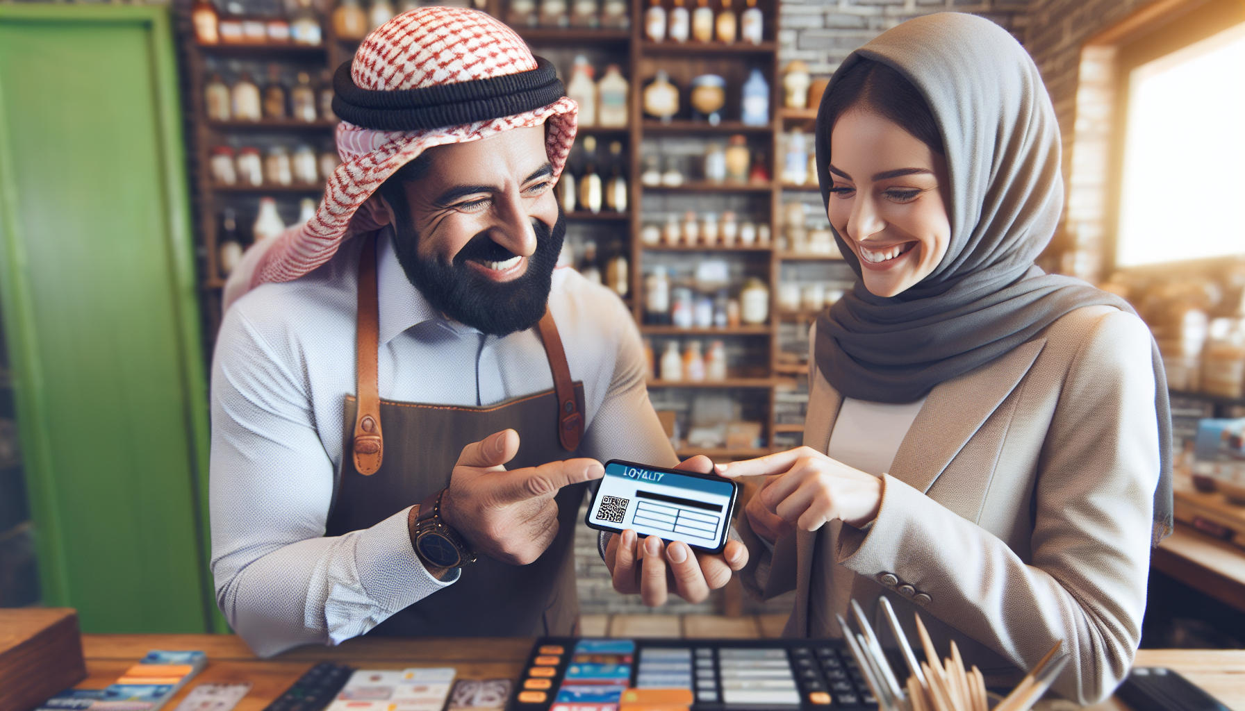 A man in a chef's apron shows his loyalty card app to a smiling woman in a hijab at a counter with various products in a well-stocked shop, highlighting their small business loyalty program.