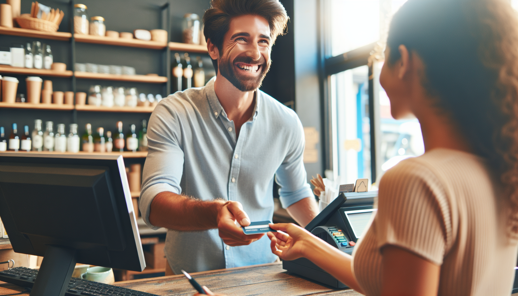 A smiling man at a shop counter hands a loyalty card for small business back to a woman opposite him, who is also smiling. Shelves with various items are visible in the background.