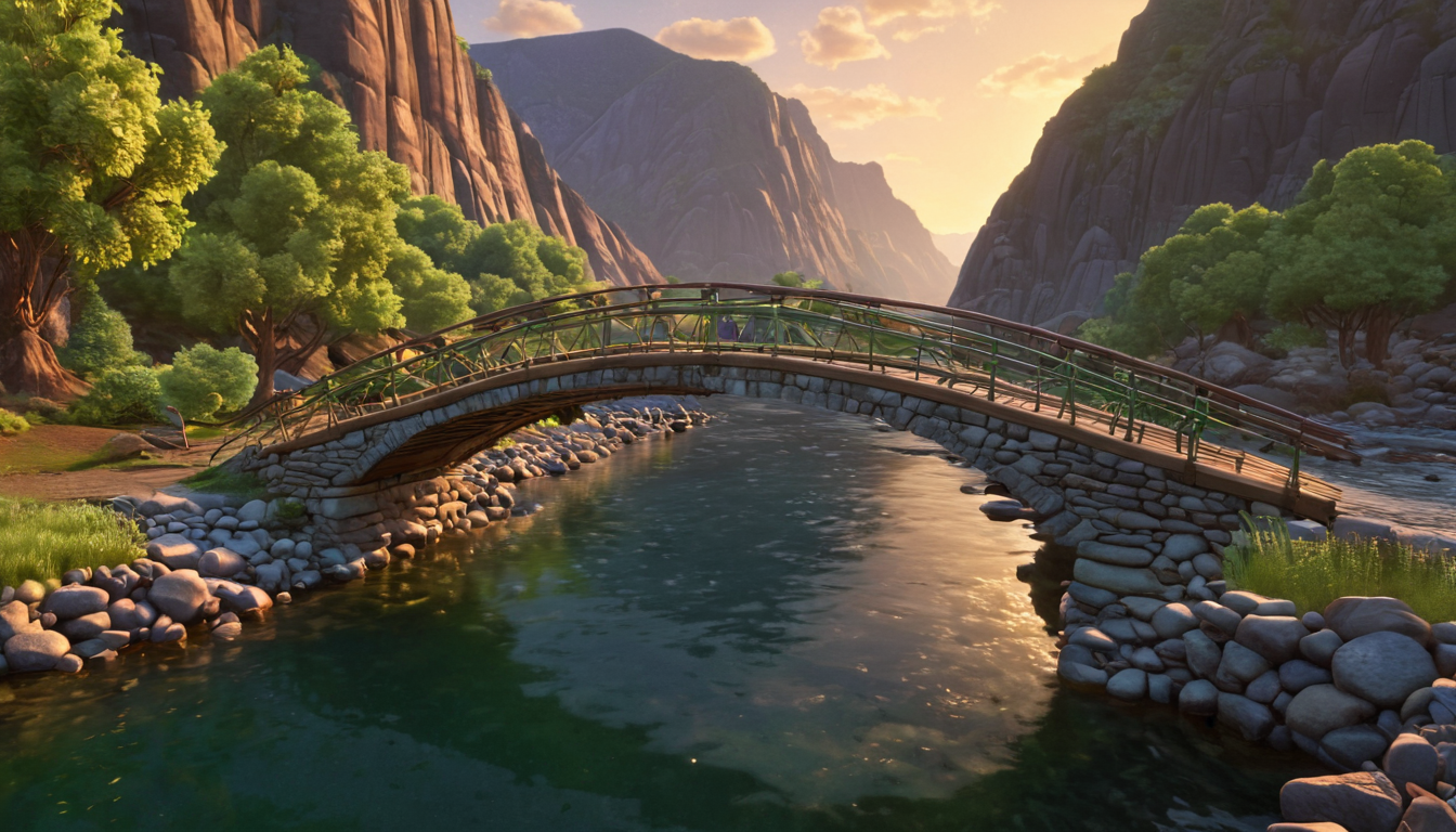 A curved wooden bridge spans a narrow, calm river surrounded by rocky cliffs and lush green trees, under a clear sky at sunset, reminiscent of the harmony found in seamless rewards program optimization.