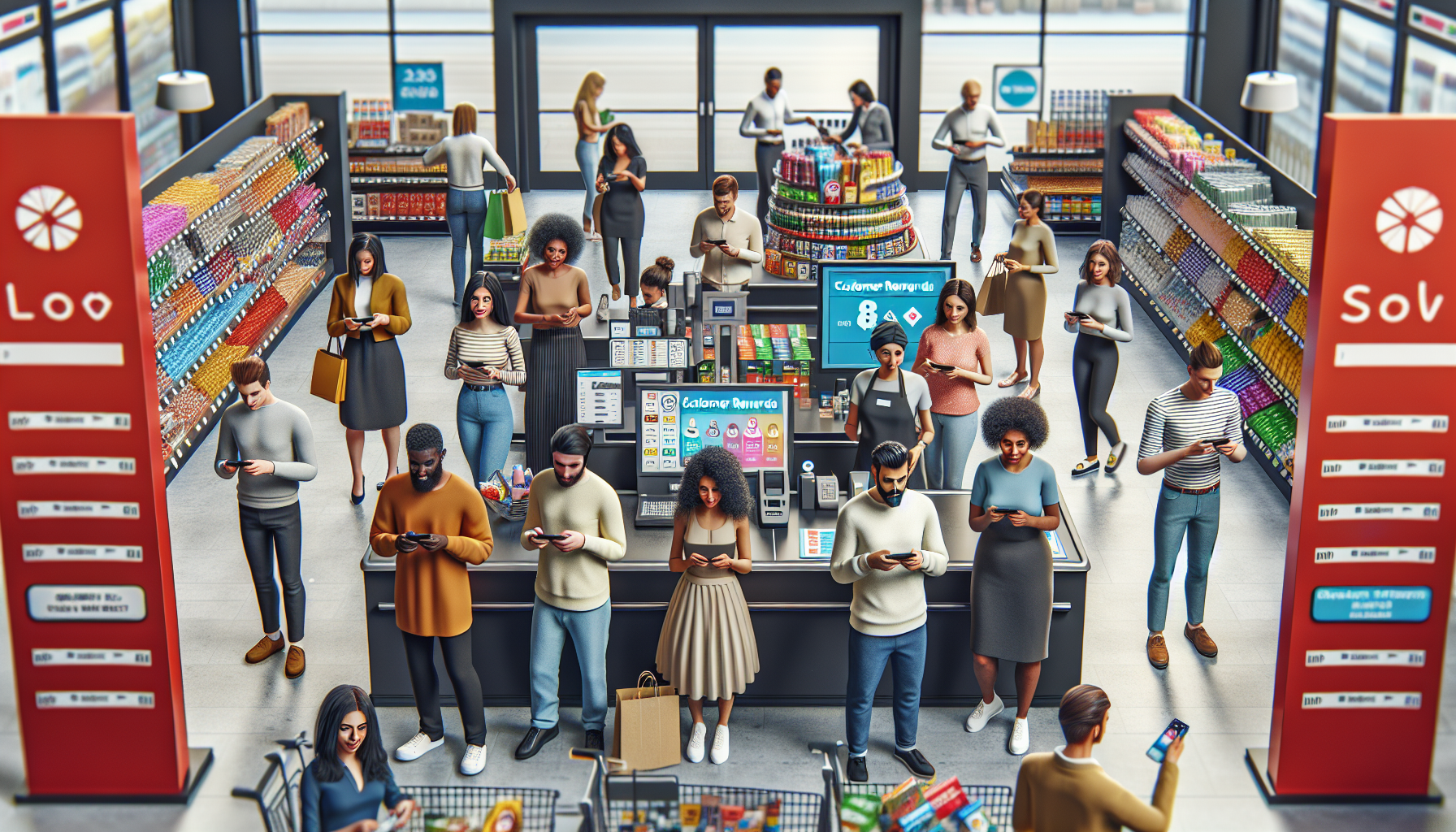 People standing in line at a grocery store checkout counter, all looking at their smartphones, perhaps checking the latest deals and points from the store's customer loyalty program.