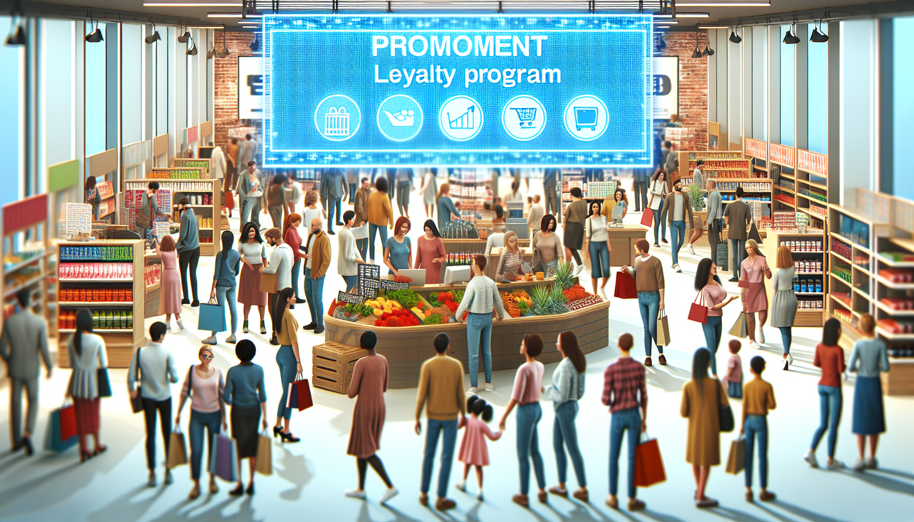 Shoppers walk through a busy, well-lit supermarket with a large overhead sign promoting a loyalty program.