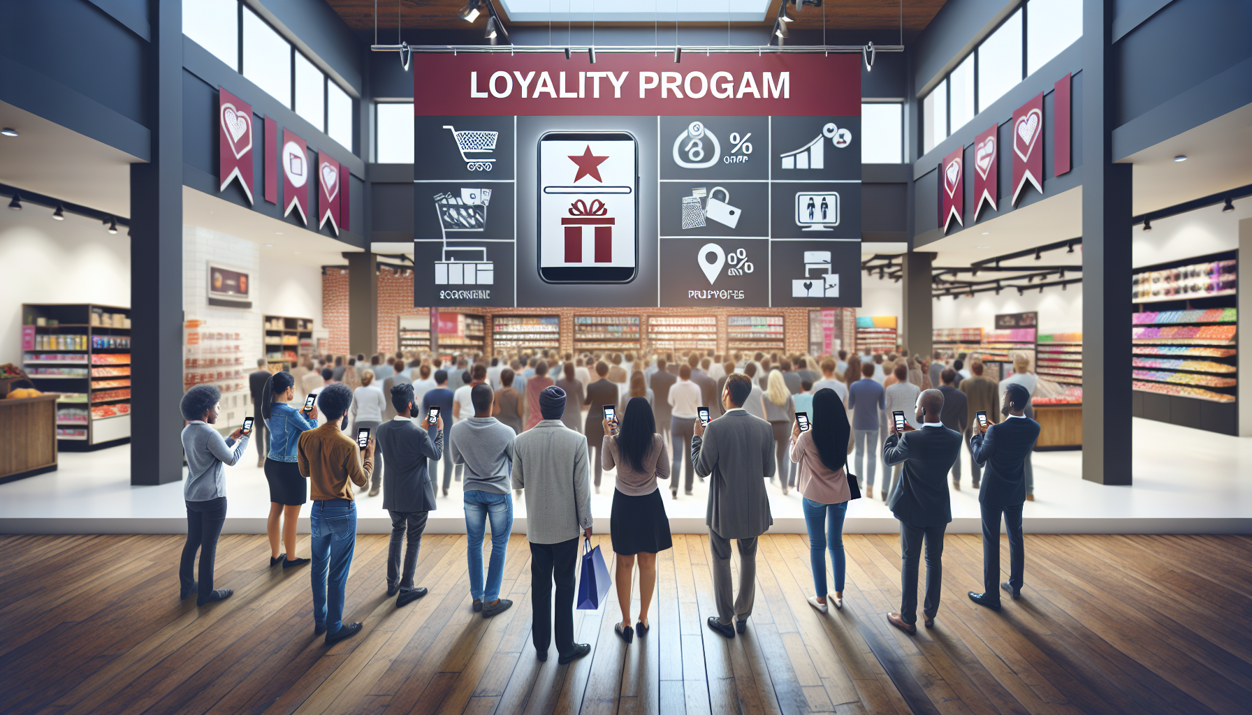 A crowd of people stands in a modern retail store, facing a large screen displaying information about loyalty programs. Icons for rewards, discounts, and point accumulation emphasize the importance of customer engagement in today's retail environment.