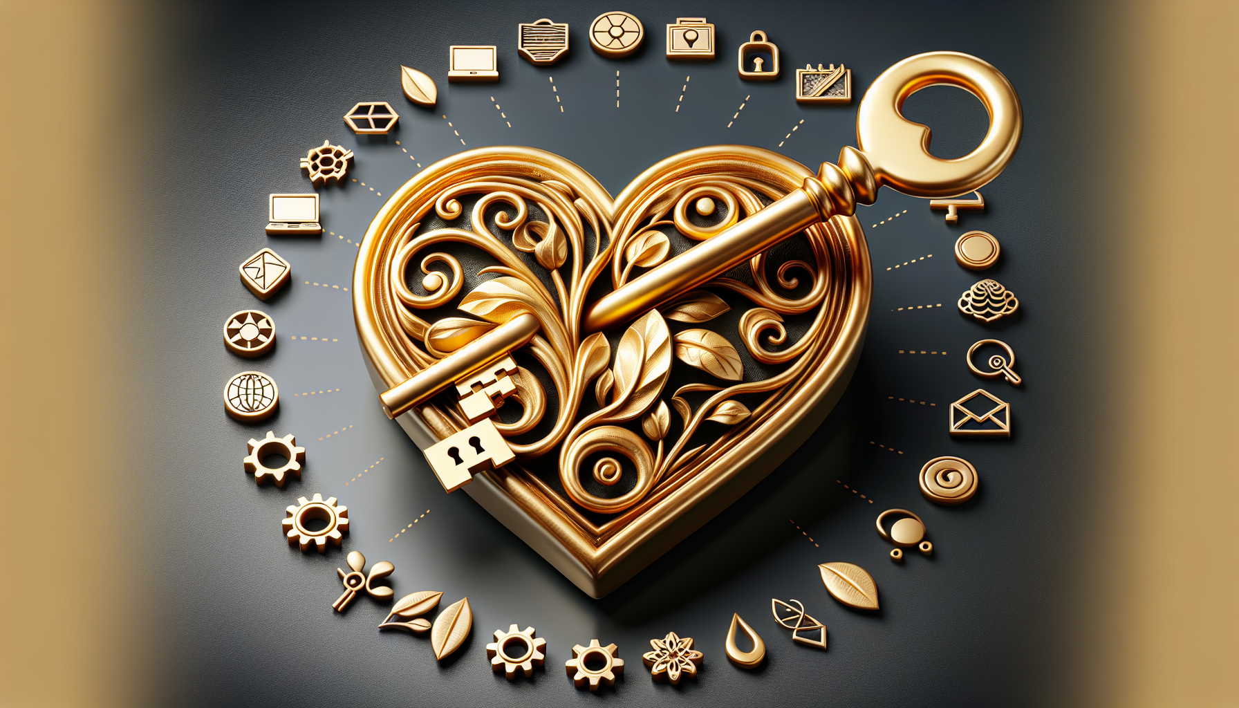 A gold heart-shaped key surrounded by various technology and communication icons symbolizes the interconnectedness of love, security, and digital communication—much like a loyalty app naming tool helps brands forge deep connections with their customers.