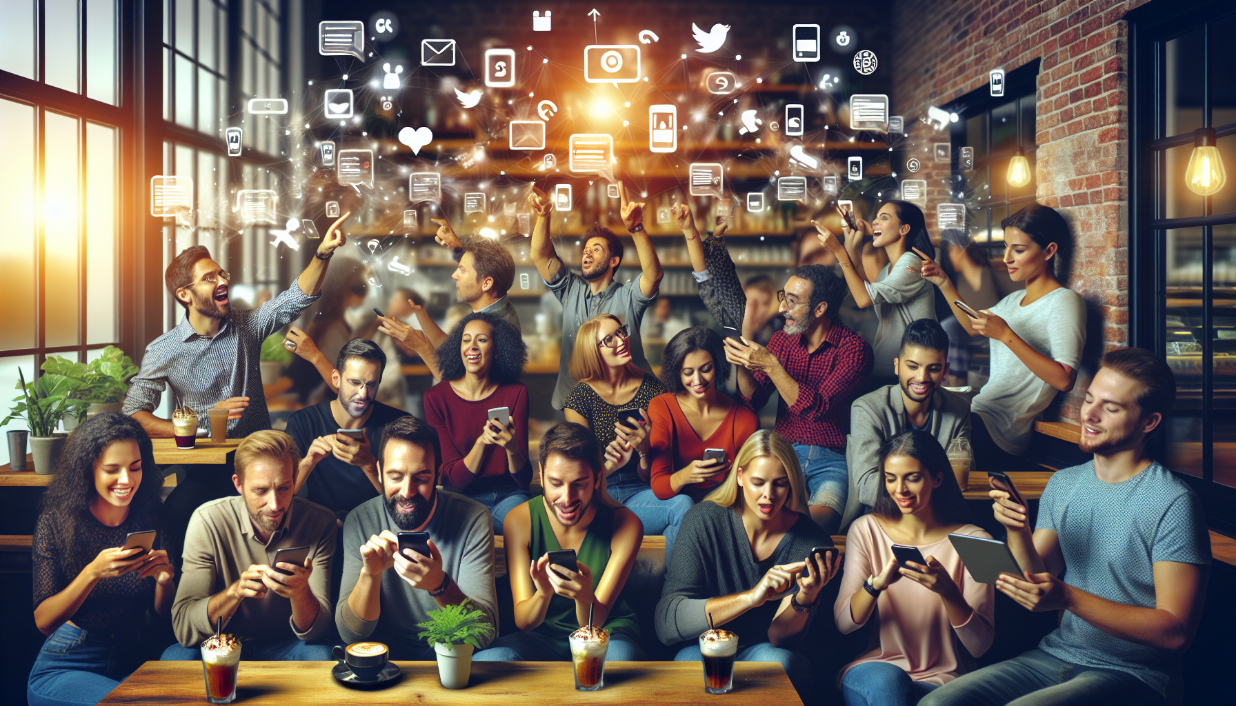 A group of people in a café, all focused on their smartphones. Above them are floating social media and digital icons, illustrating the concept of connectivity and digital interaction, with some using rewards apps to earn points for their purchases.