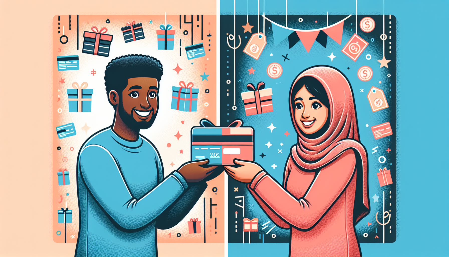 A man and a woman in festive attire exchange a gift card, surrounded by celebratory decorations and symbols of referral incentives.