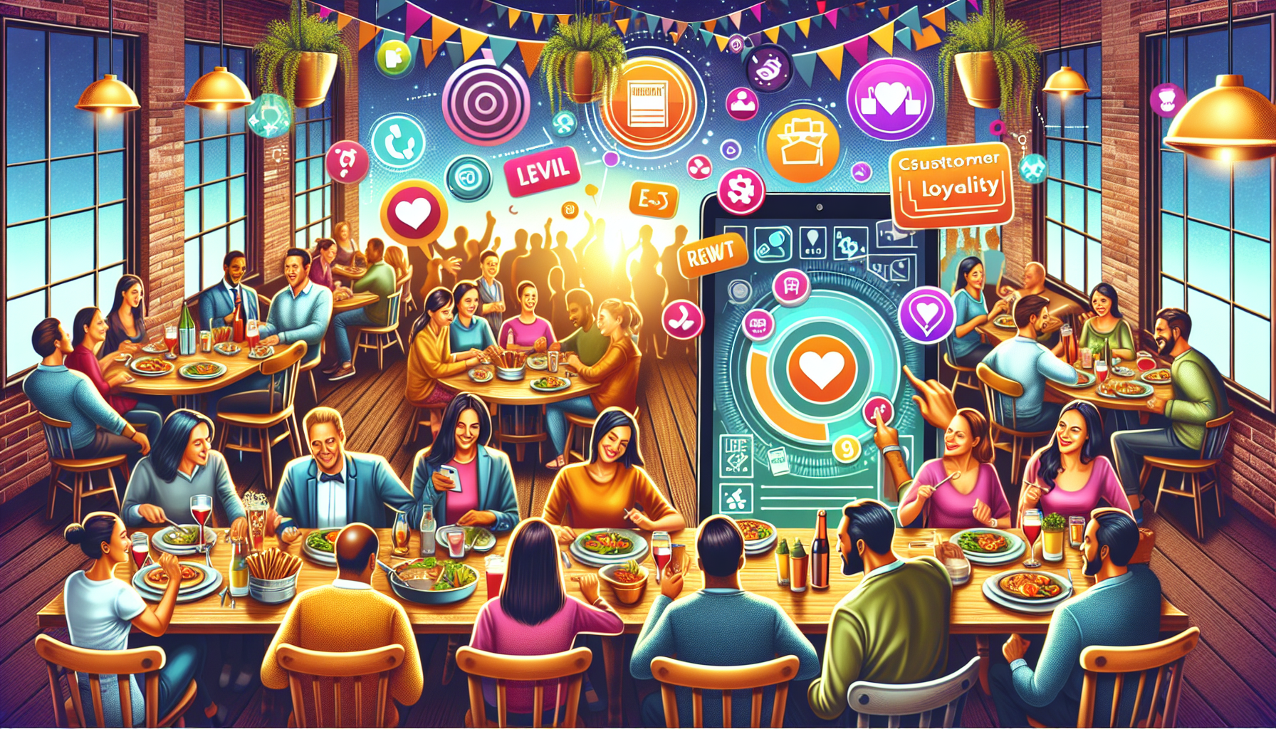 A lively restaurant scene with diverse people dining and socializing. Various digital icons float above them, representing likes, notifications, and customer loyalty, highlighting the emphasis on customer retention in restaurants for a tech-integrated experience.