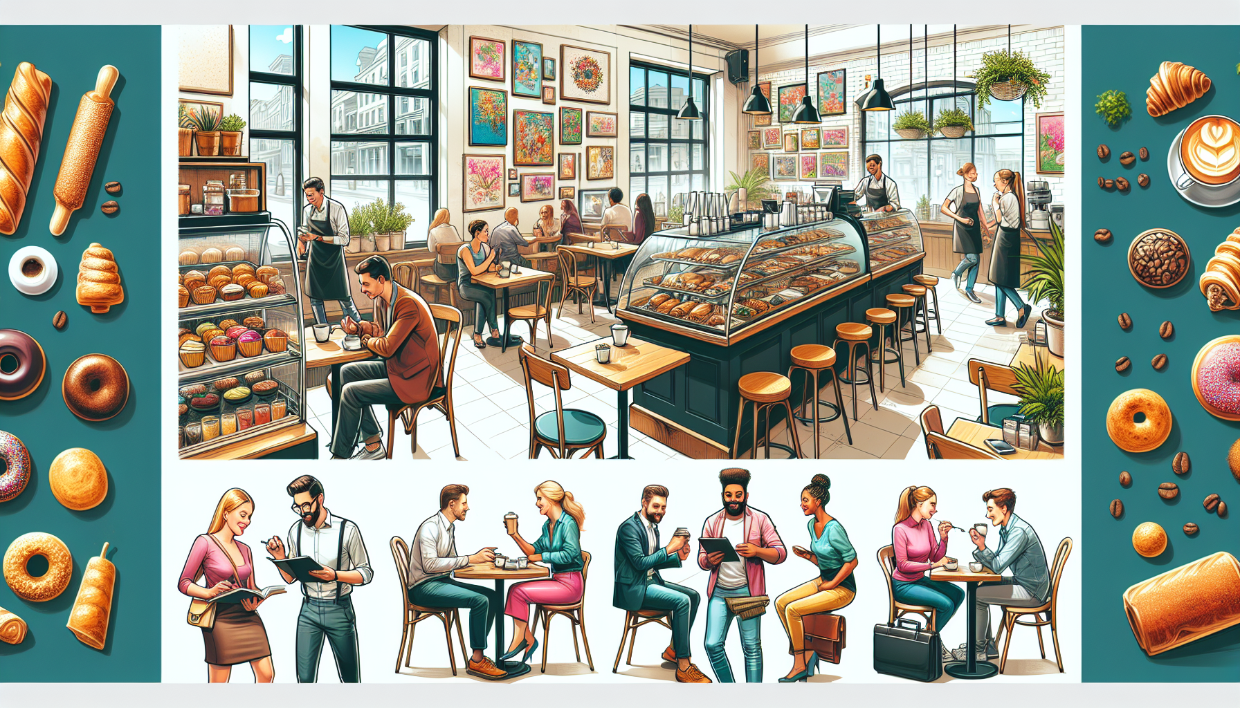 A vibrant cafe scene with people enjoying pastries, coffee, and conversation. Surrounding the central image are various baked goods such as croissants, doughnuts, and bread. This bustling atmosphere is perfect for earning points with our Customer loyalty program while savoring your favorite treats.