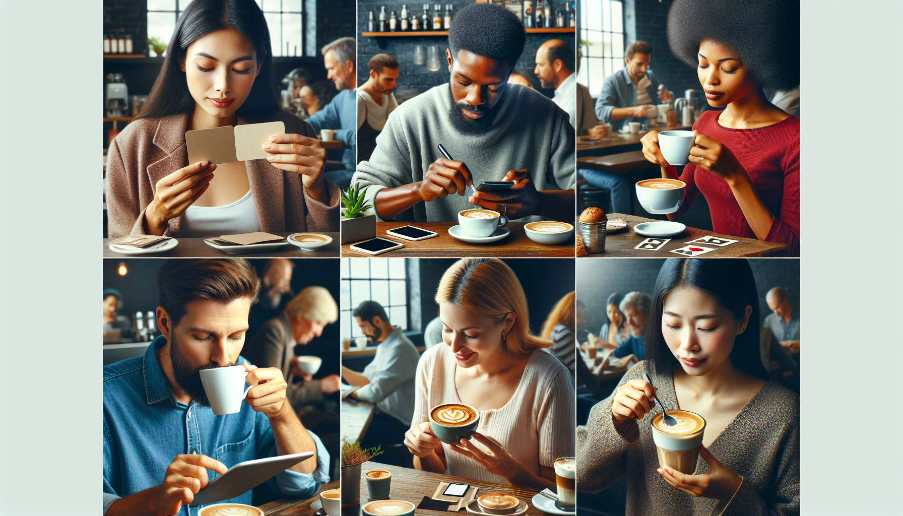 A collage of six people in a café engaging with coffee and electronic devices while sitting at wooden tables, with other patrons in the background, all likely discussing their loyalty program costs.