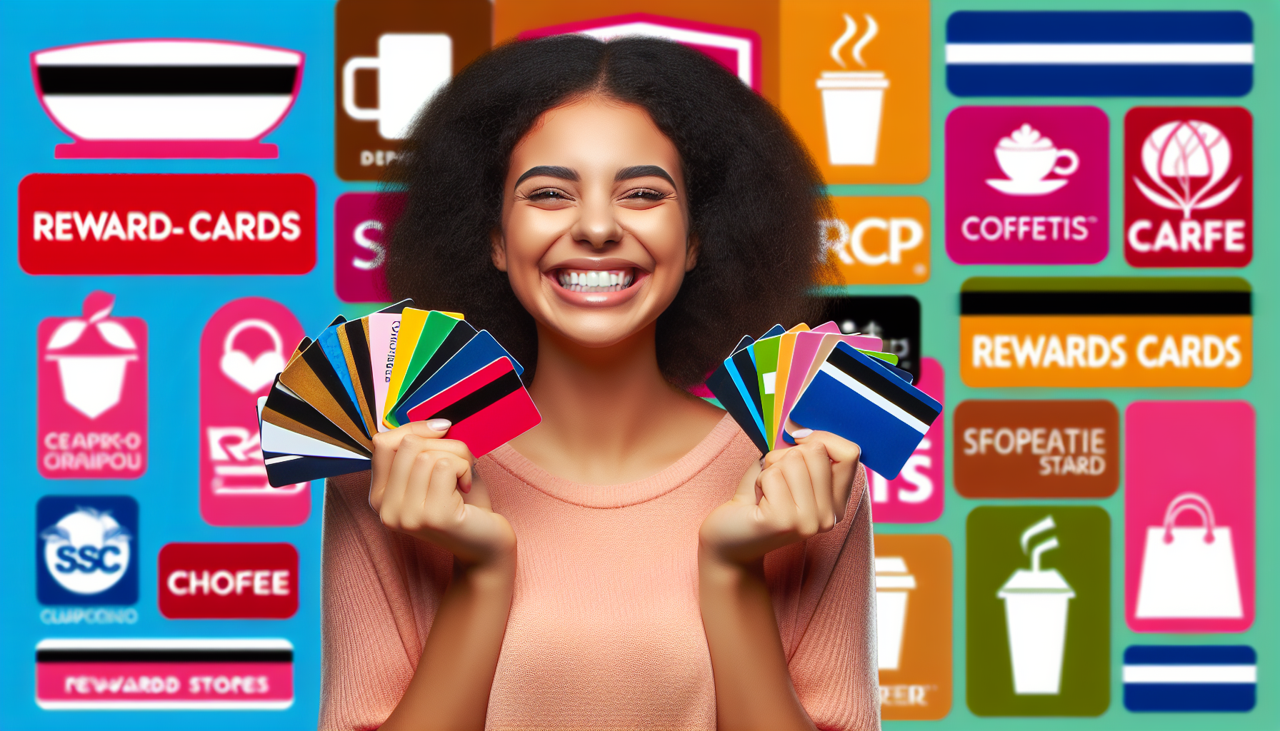 A smiling woman holds numerous colorful rewards cards for stores against a backdrop of various brand logos and customer rewards symbols.