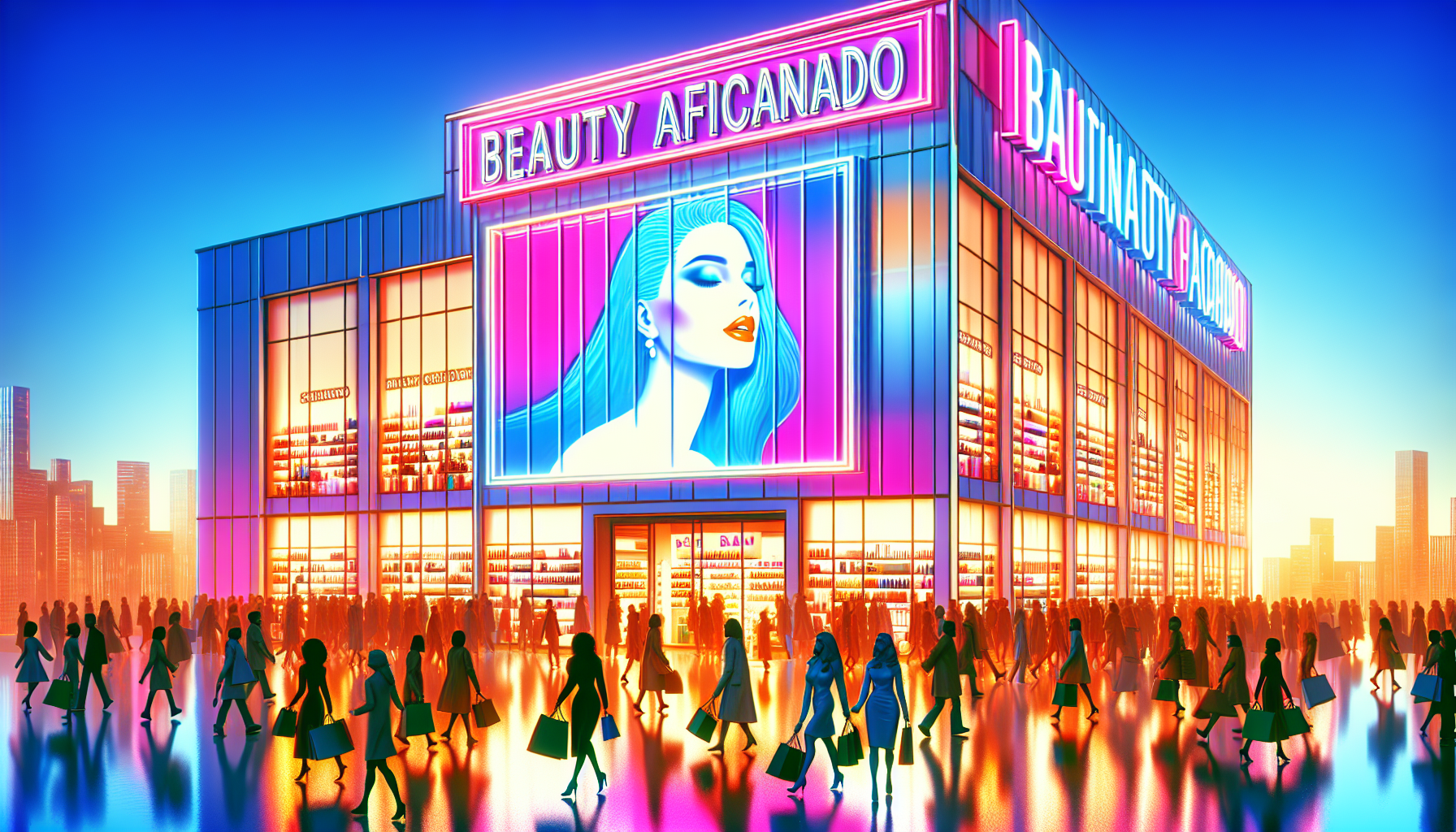 A brightly lit beauty store named "Beauty Aficionado" with a large digital billboard featuring a woman with blue hair. Many people, perhaps Sephora Beauty Insiders, walk in front of the store during sunset.