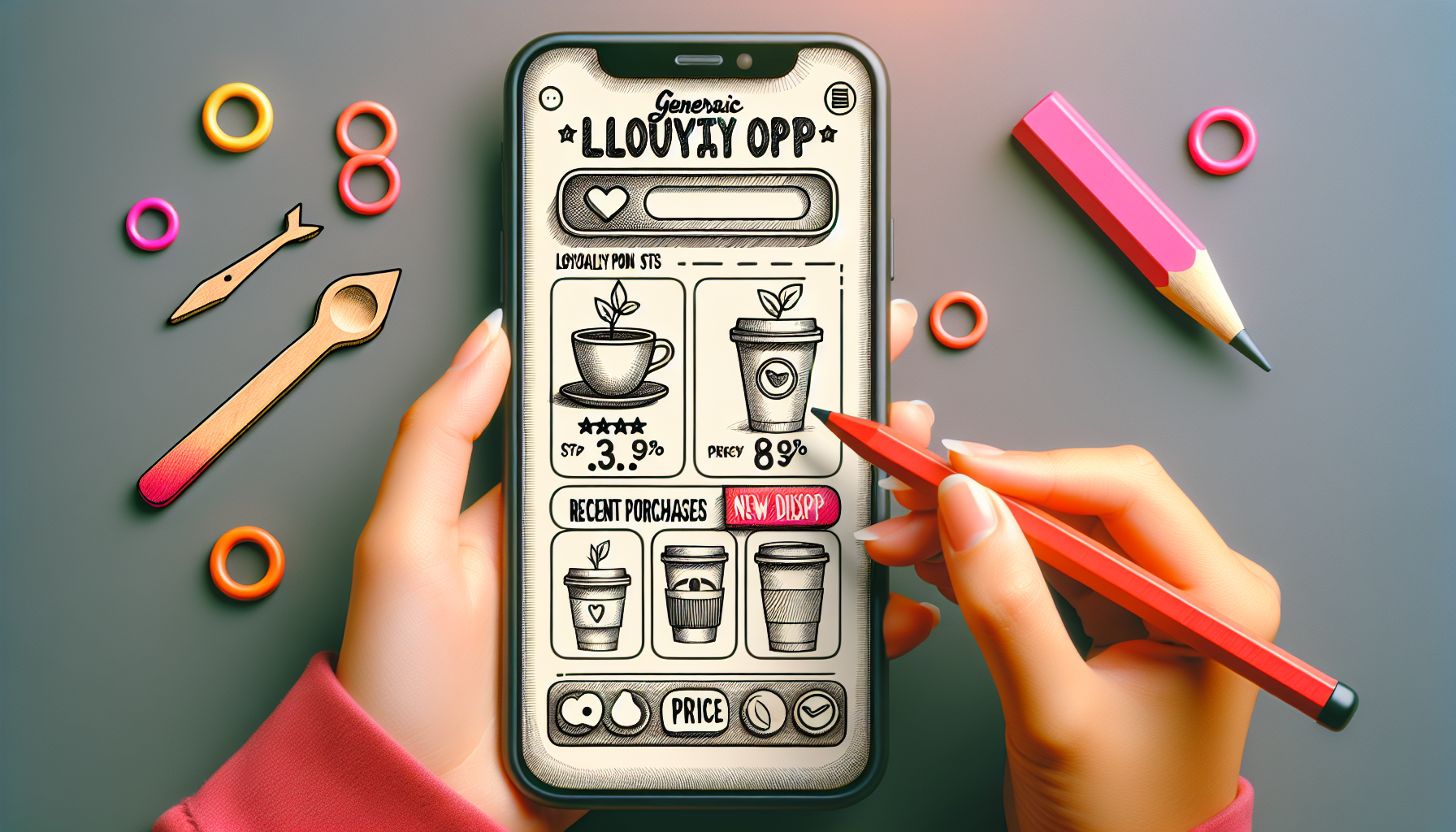 A person is holding a smartphone displaying a Starbucks app interface with options to choose and rate coffee. A red pencil is in the person's other hand. Colorful stationery is scattered around, highlighting the vibrant atmosphere while showcasing the benefits of Starbucks member rewards.