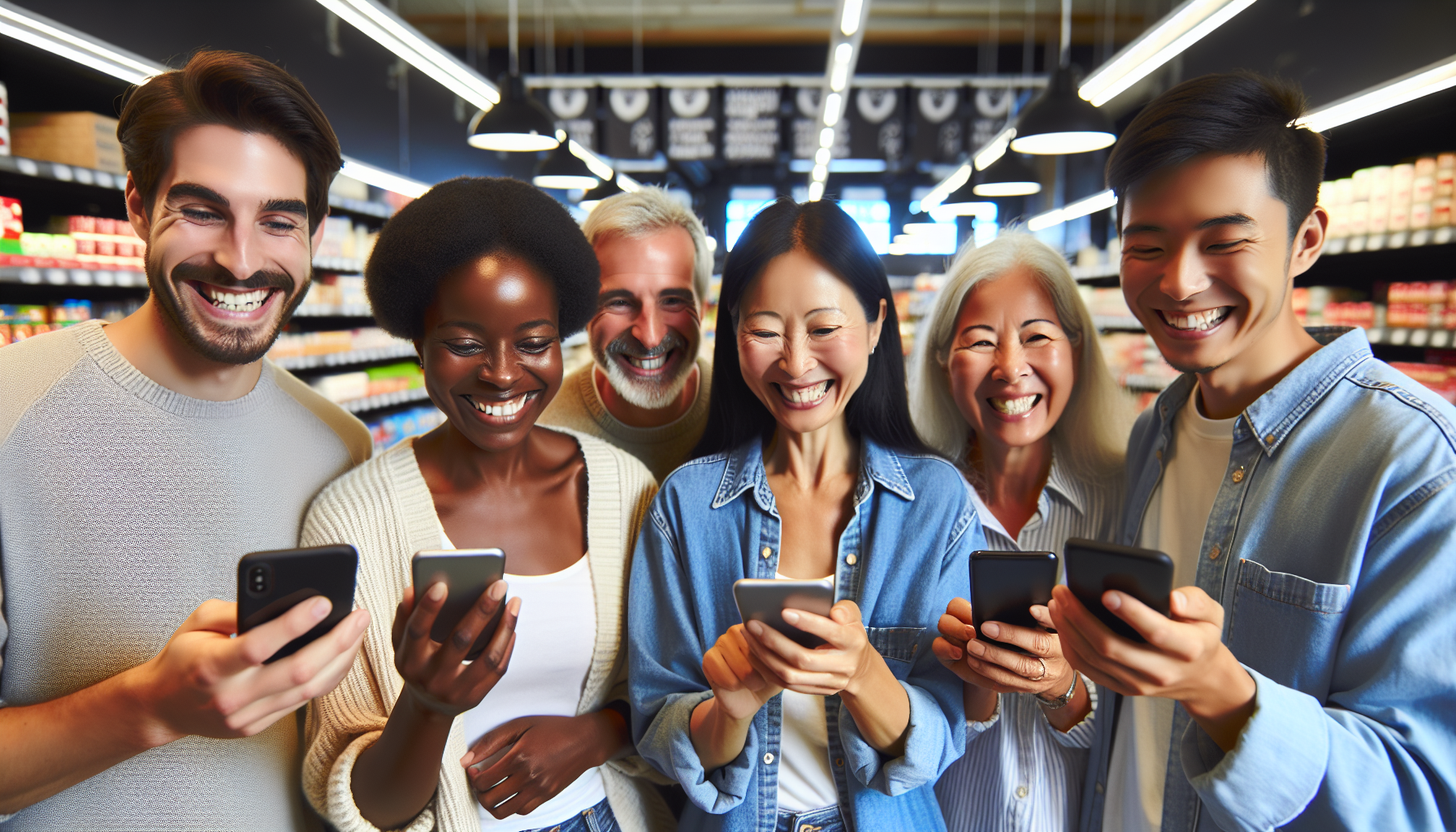 A diverse group of six people stands together in a grocery store aisle, all smiling and looking at their smartphones. Shelves stocked with products are visible in the background, showcasing a successful customer loyalty campaign.