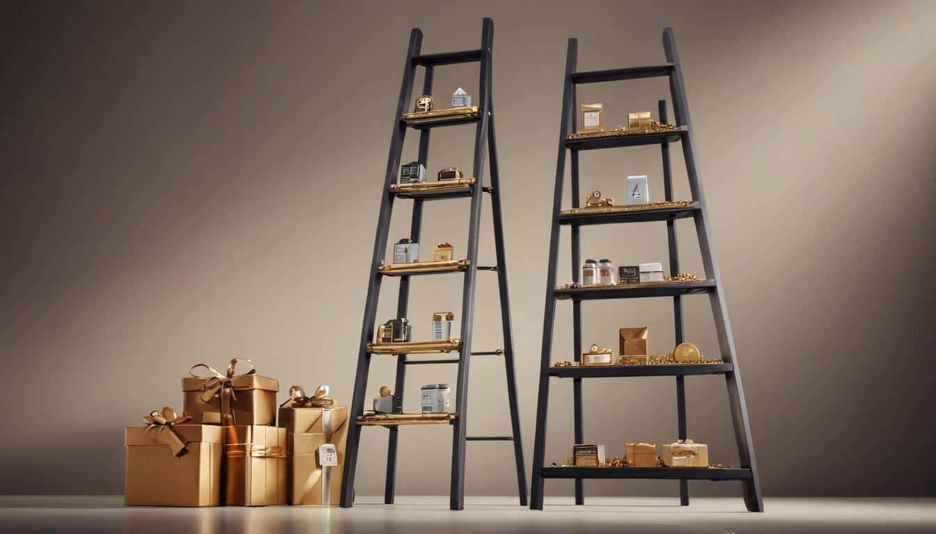 Two black ladder-style shelves display various small gift-wrapped items. Beside them, there is a stack of gold-wrapped presents with ribbons. The neutral beige background complements the elegant customer reward systems showcased with these enticing gifts.